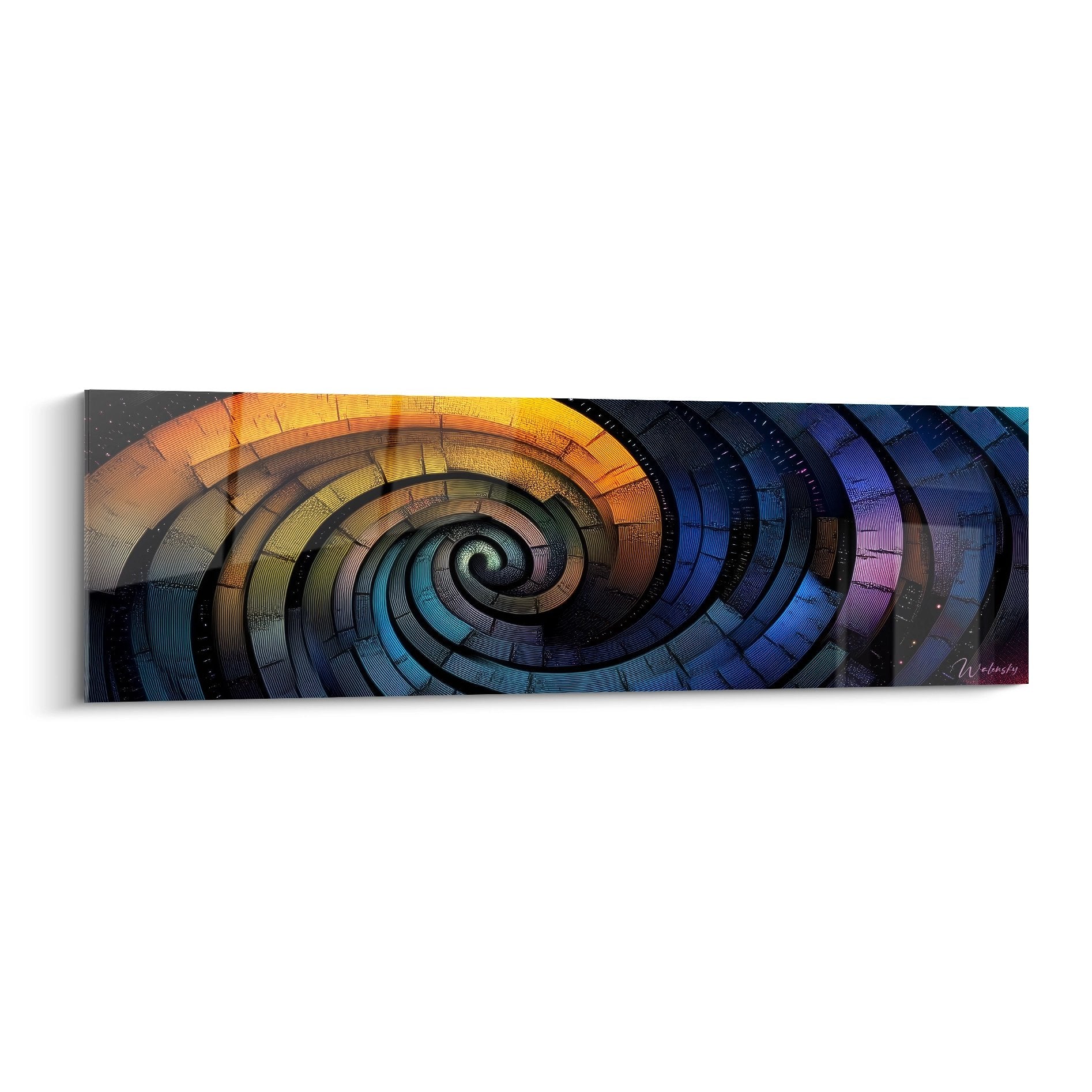 Tableau mural spirale colorée cosmique aux teintes dorées et bleues, art abstrait géométrique moderne