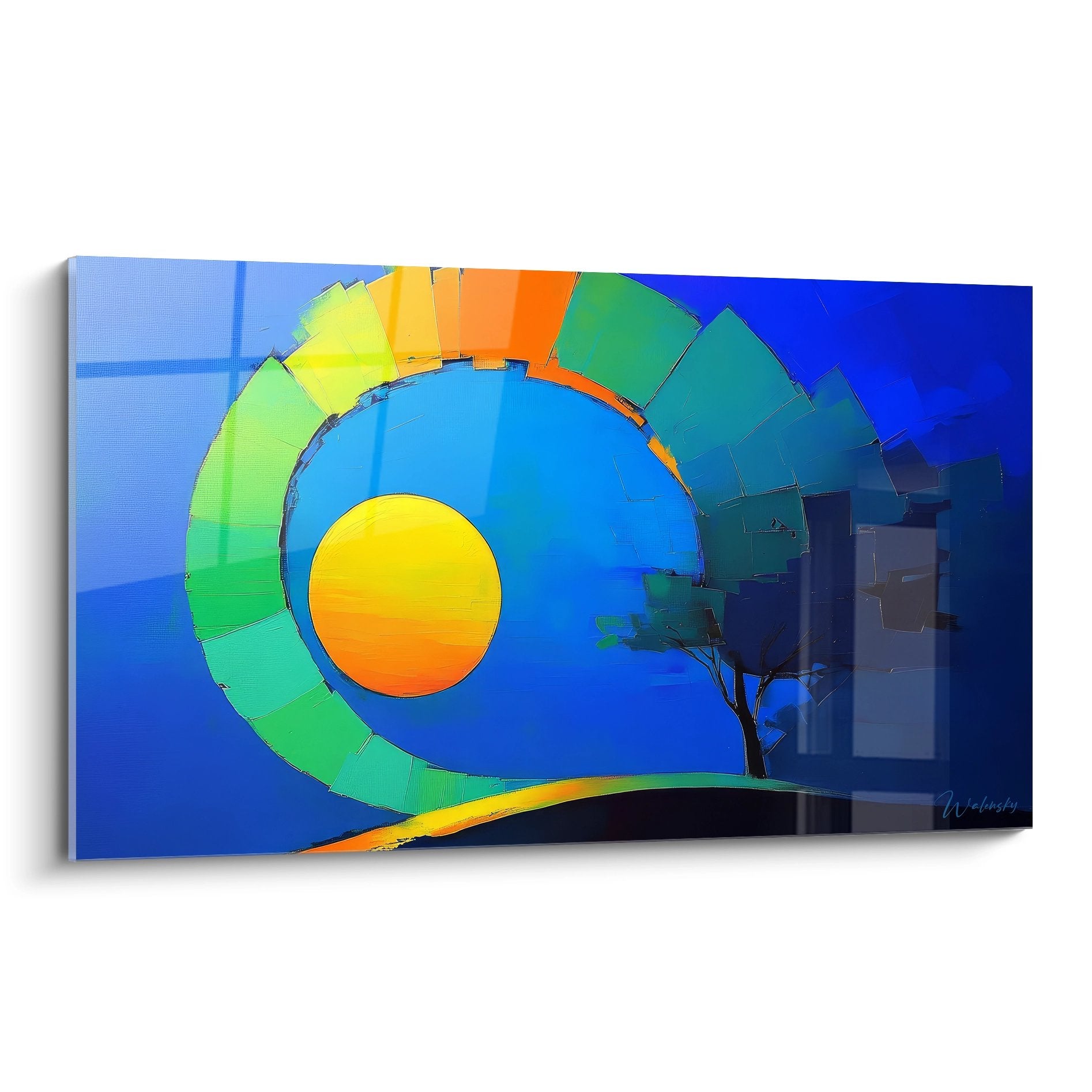 Tableau spirale abstraite colorée avec soleil central orangé sur fond bleu cosmique, art mural moderne