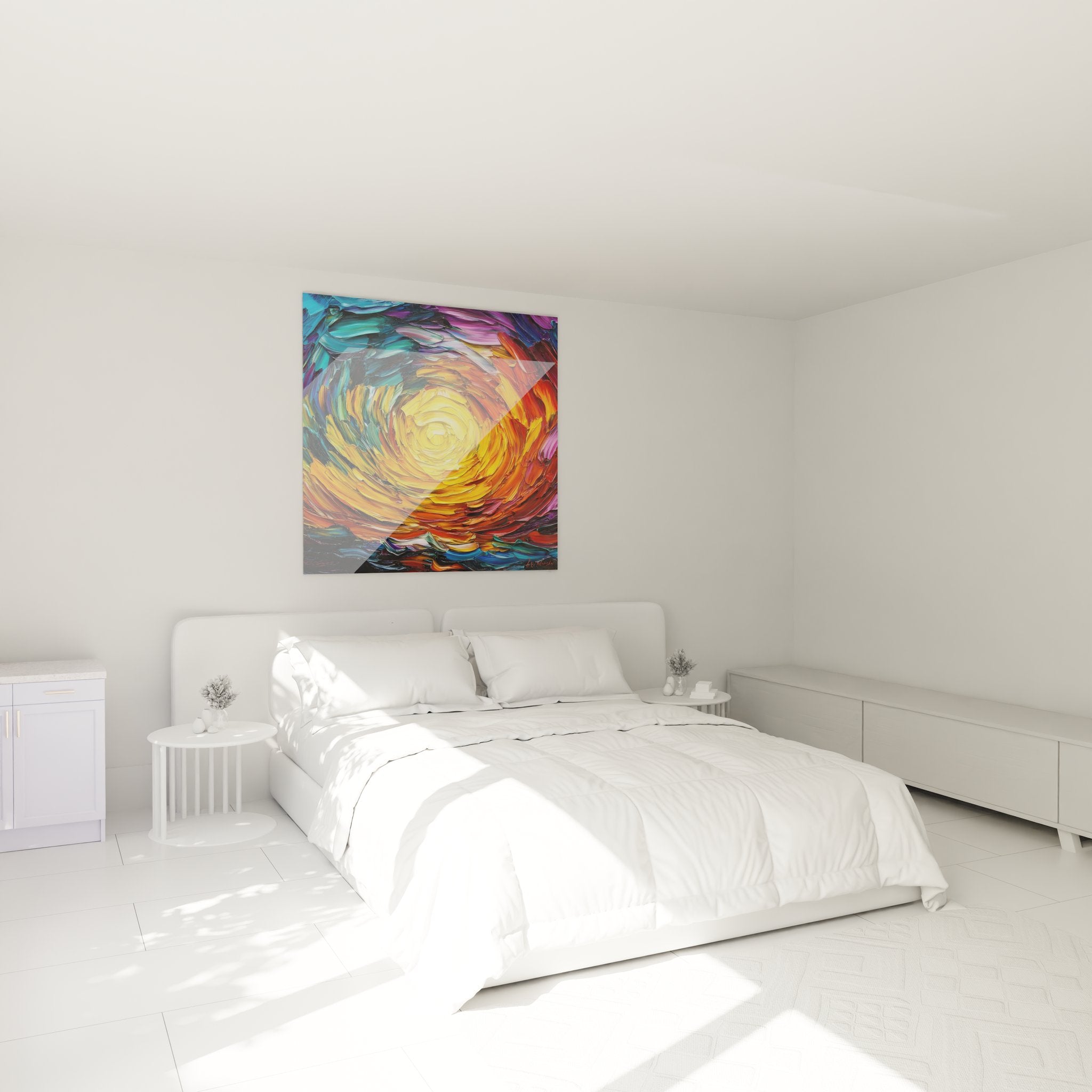 Tableau spirale solaire colorée décorant une chambre moderne avec murs blancs et mobilier contemporain
