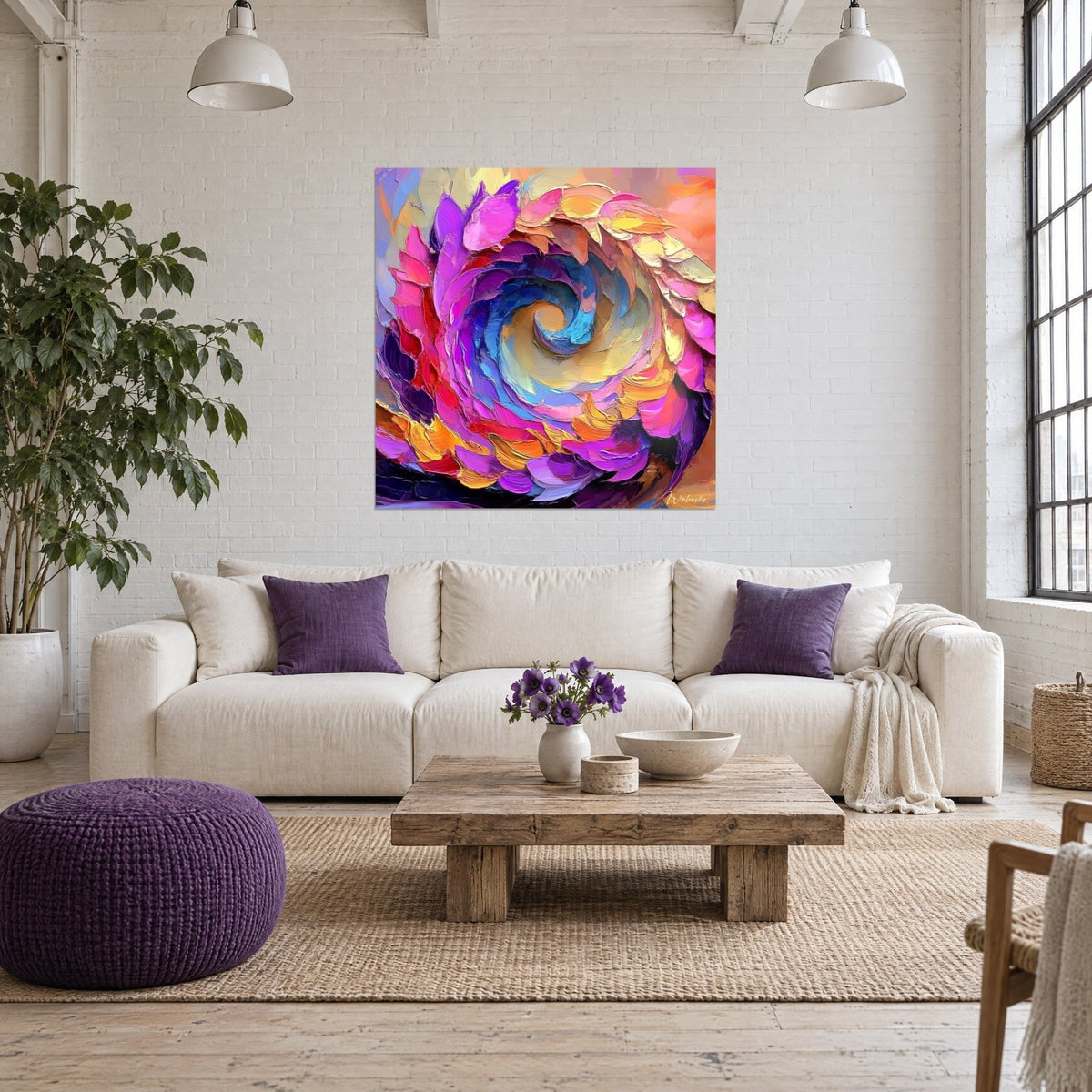 Cuadro remolino de pétalos empastados, magenta y azul cobalto, toques dorados, sobre un sofá en un salón luminoso