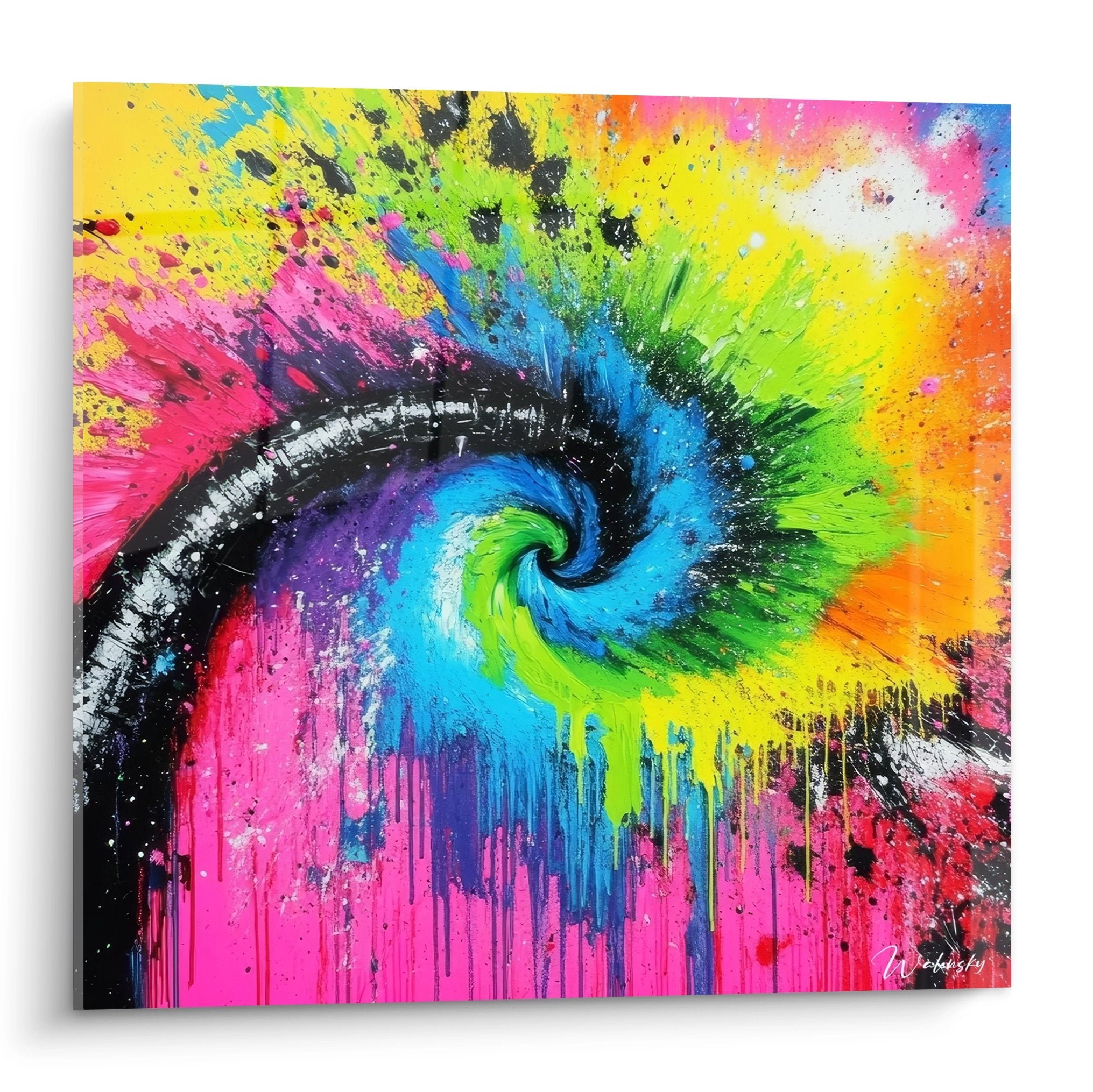 Tableau spirale colorée explosion avec vortex multicolore et éclaboussures abstraites sur toile