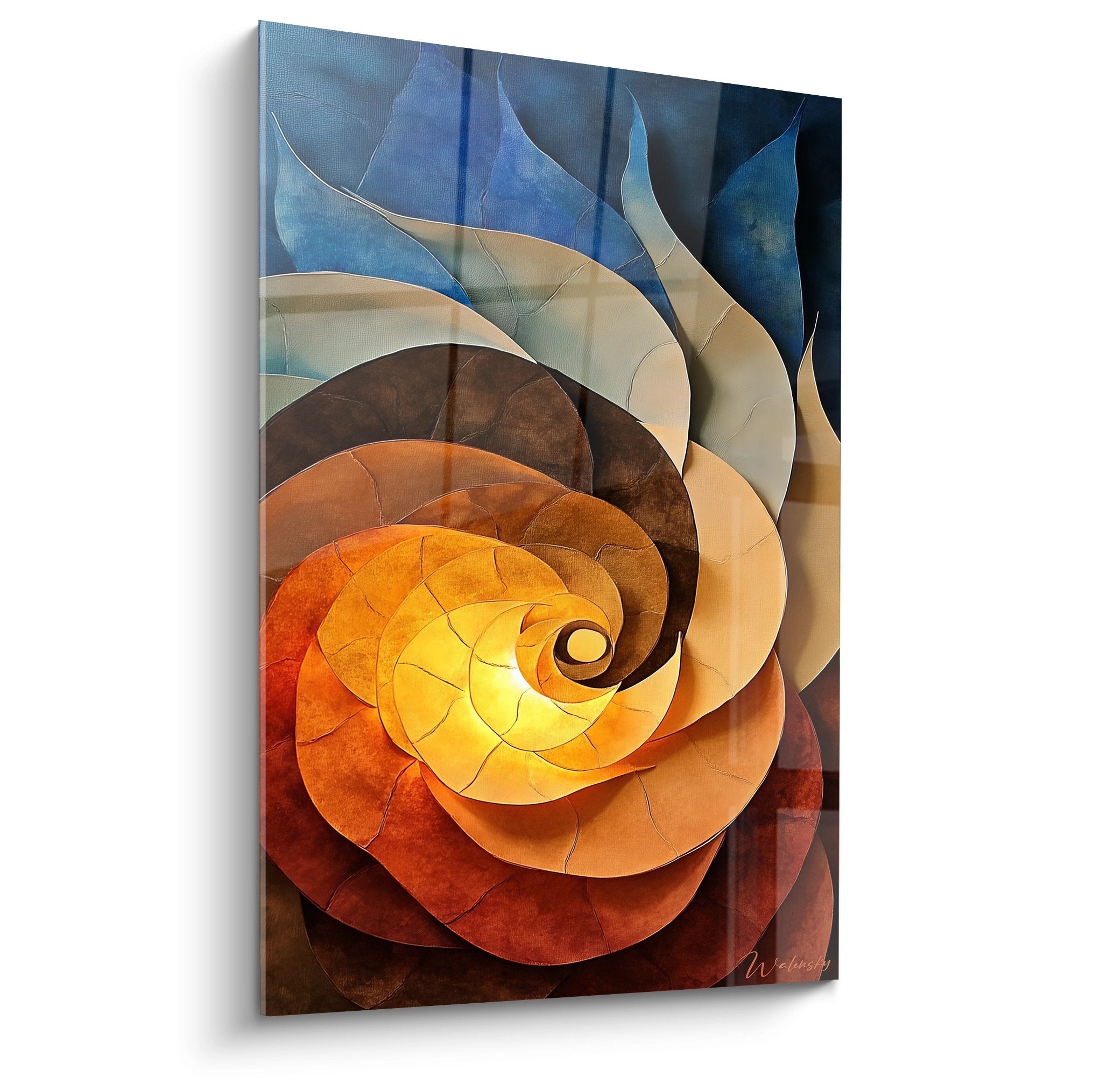 Tableau spirale colorée aux flammes dorées, art mural abstrait moderne pour décoration intérieure contemporaine