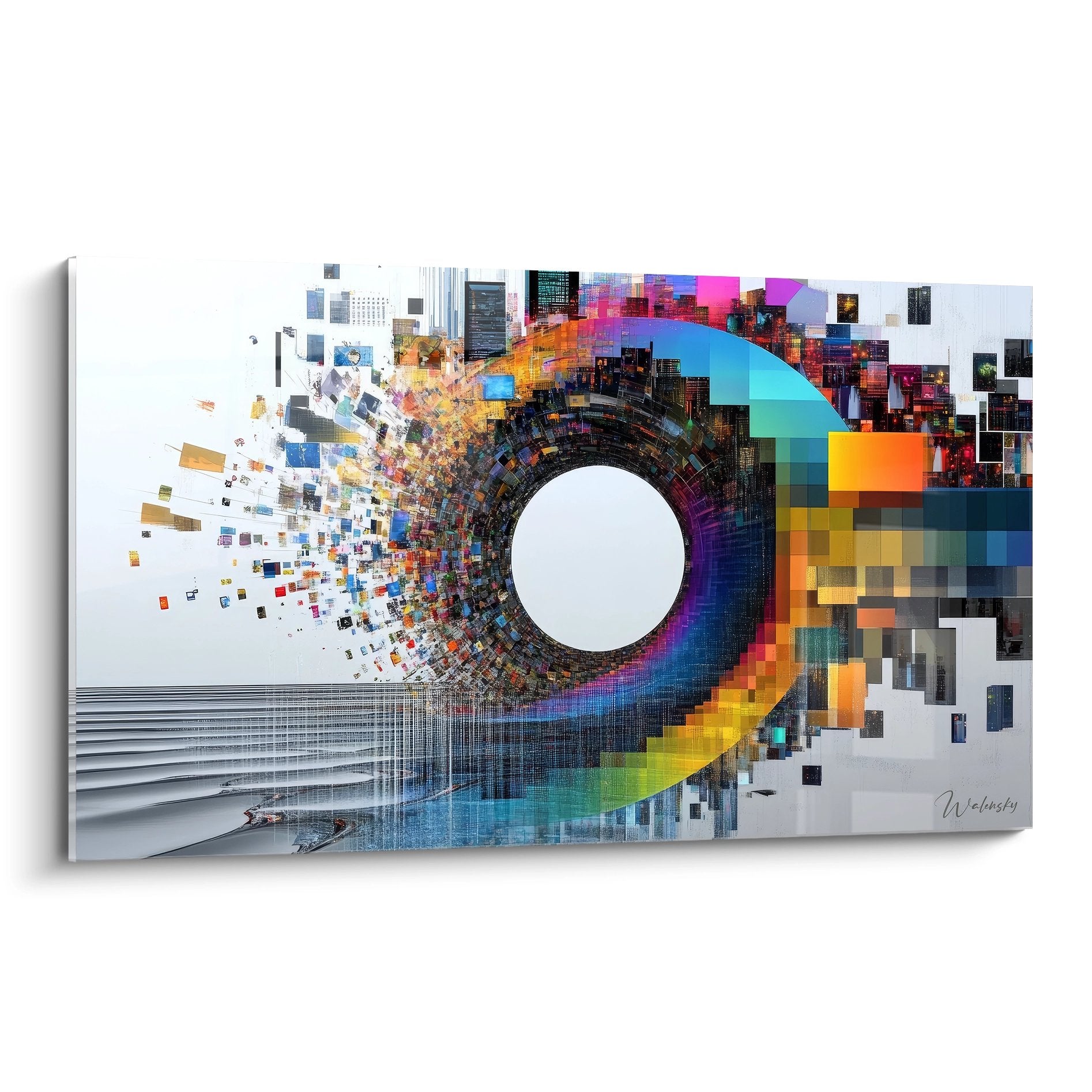 Tableau mural spirale colorée pixelisée avec cercle blanc central et explosion de pixels multicolores