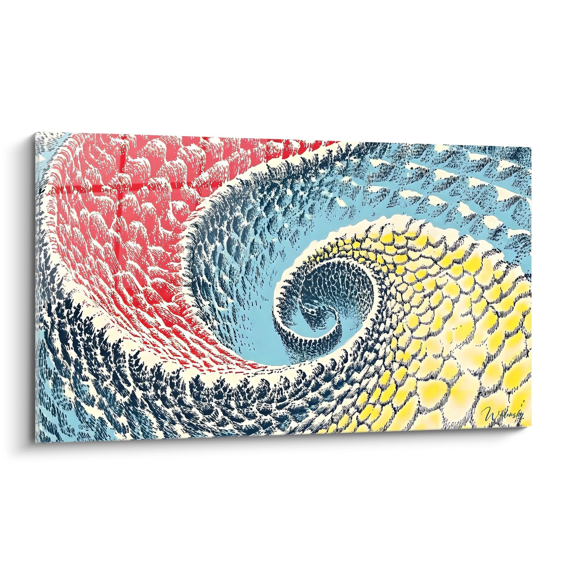 Tableau mural spirale colorée avec vortex artistique rouge bleu jaune style abstrait moderne