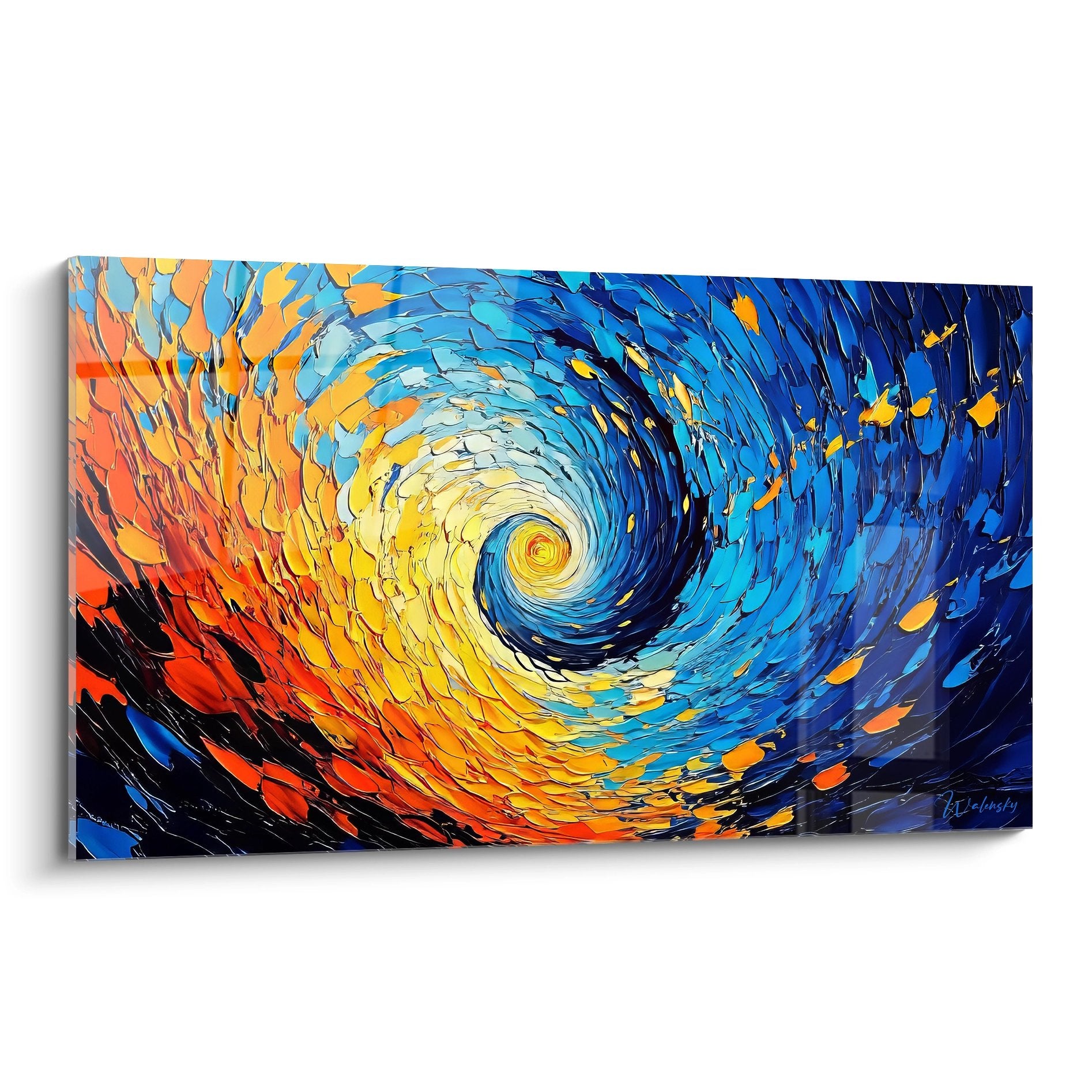 Tableau mural spirale cosmique abstraite aux couleurs vives orange bleu jaune