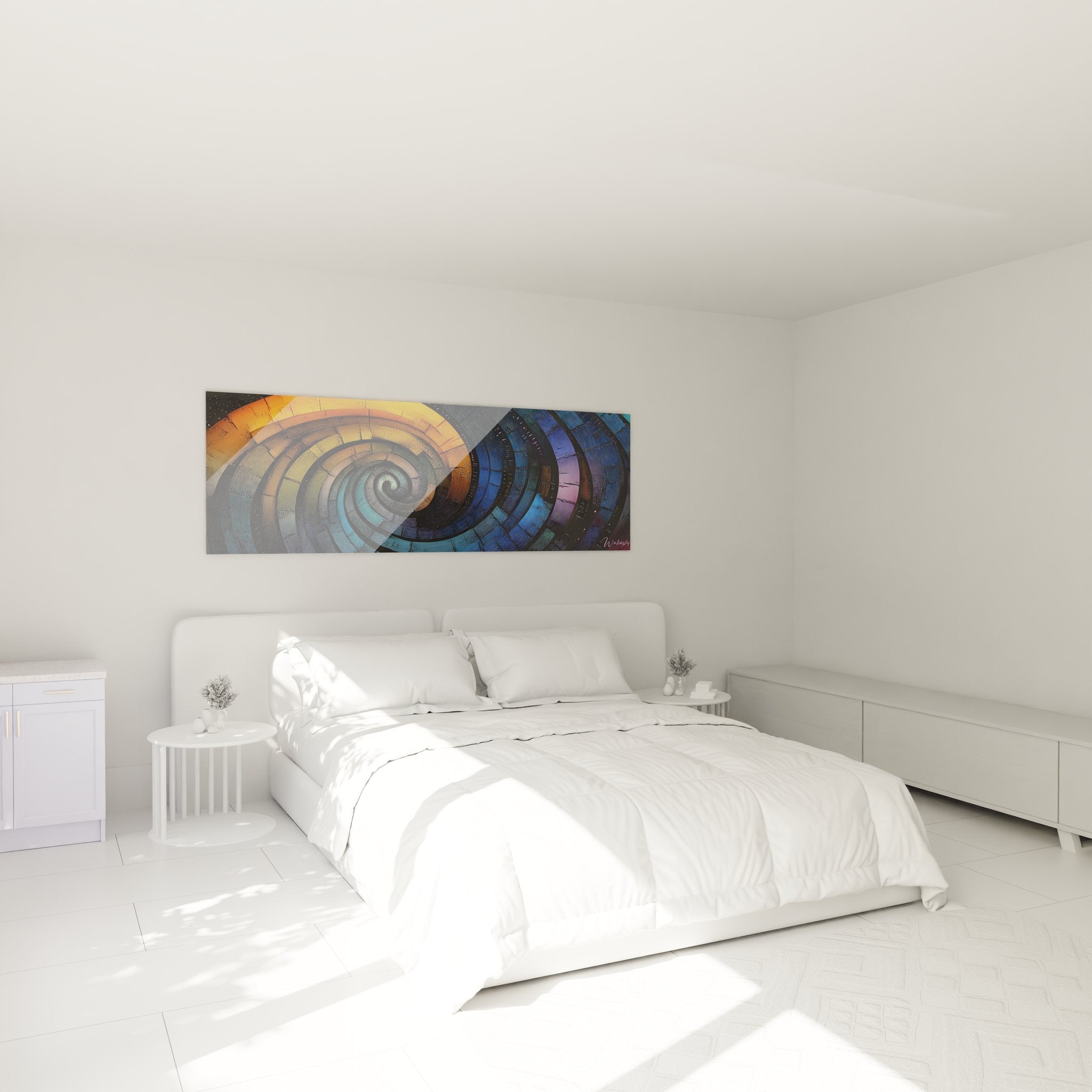 Tableau spirale cosmique multicolore dans ambiance chambre moderne, décoration murale contemporaine