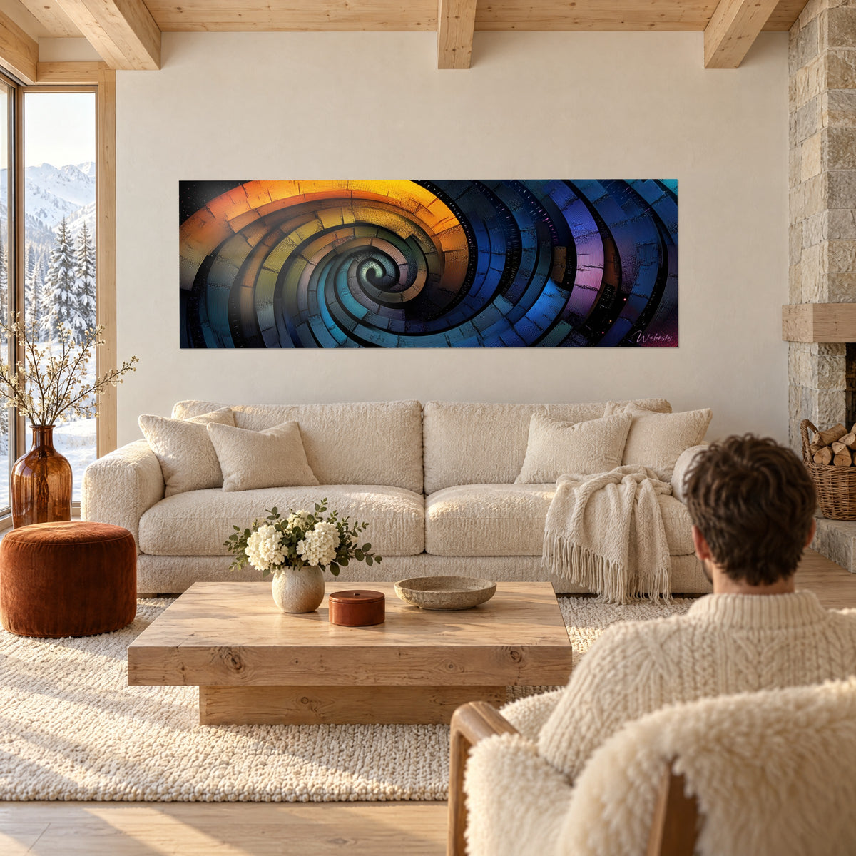 Gemälde mit hypnotischer Spirale in Orange und Nachtblau, gestreifte Ringe, Paar von hinten über einem Sofa in einem hellen Wohnzimmer