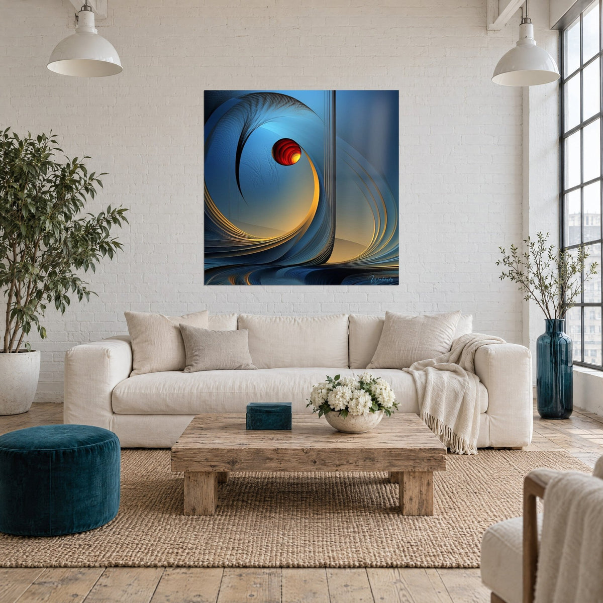 Gemälde Kosmische Spirale in Stahlblau und Gold, glühend roter Ball in einer Kurve schwebend, über einem Sofa in einem hellen Wohnzimmer