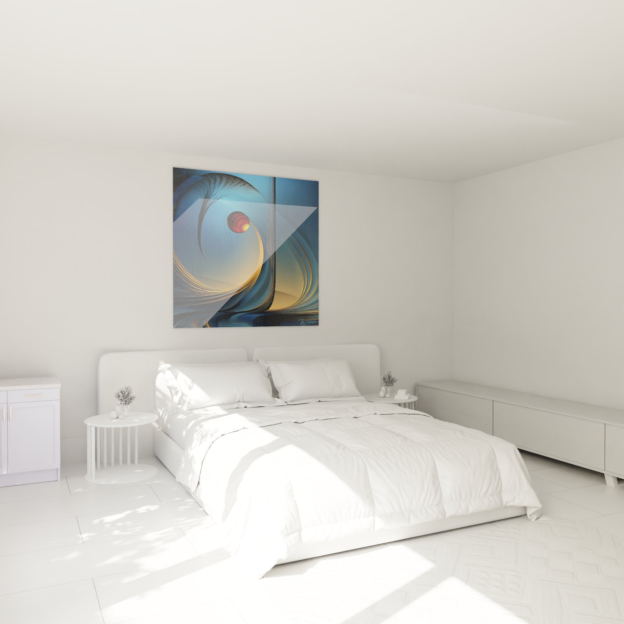Tableau spirale cosmique moderne dans ambiance chambre contemporaine décoration murale