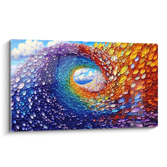 Quadro spirale cosmica multicolore con vortice arcobaleno e particelle colorate arte murale astratta