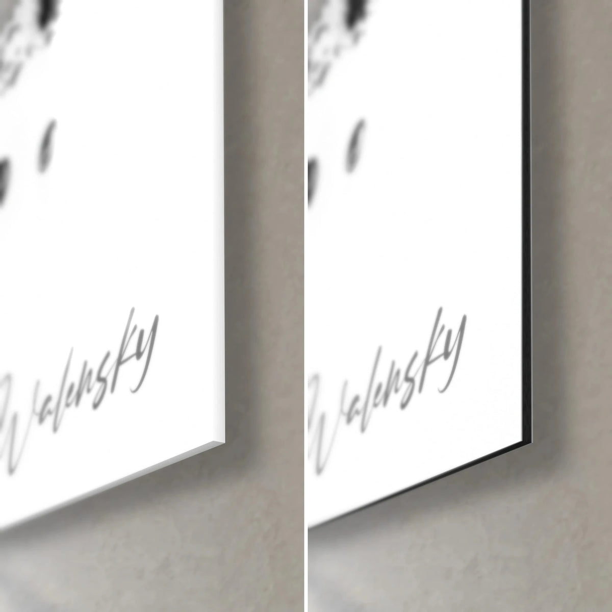 Wall art with a black ink spiral on white, bottom right corner: glossy acrylic glass on the left, matte black Dibond on the right