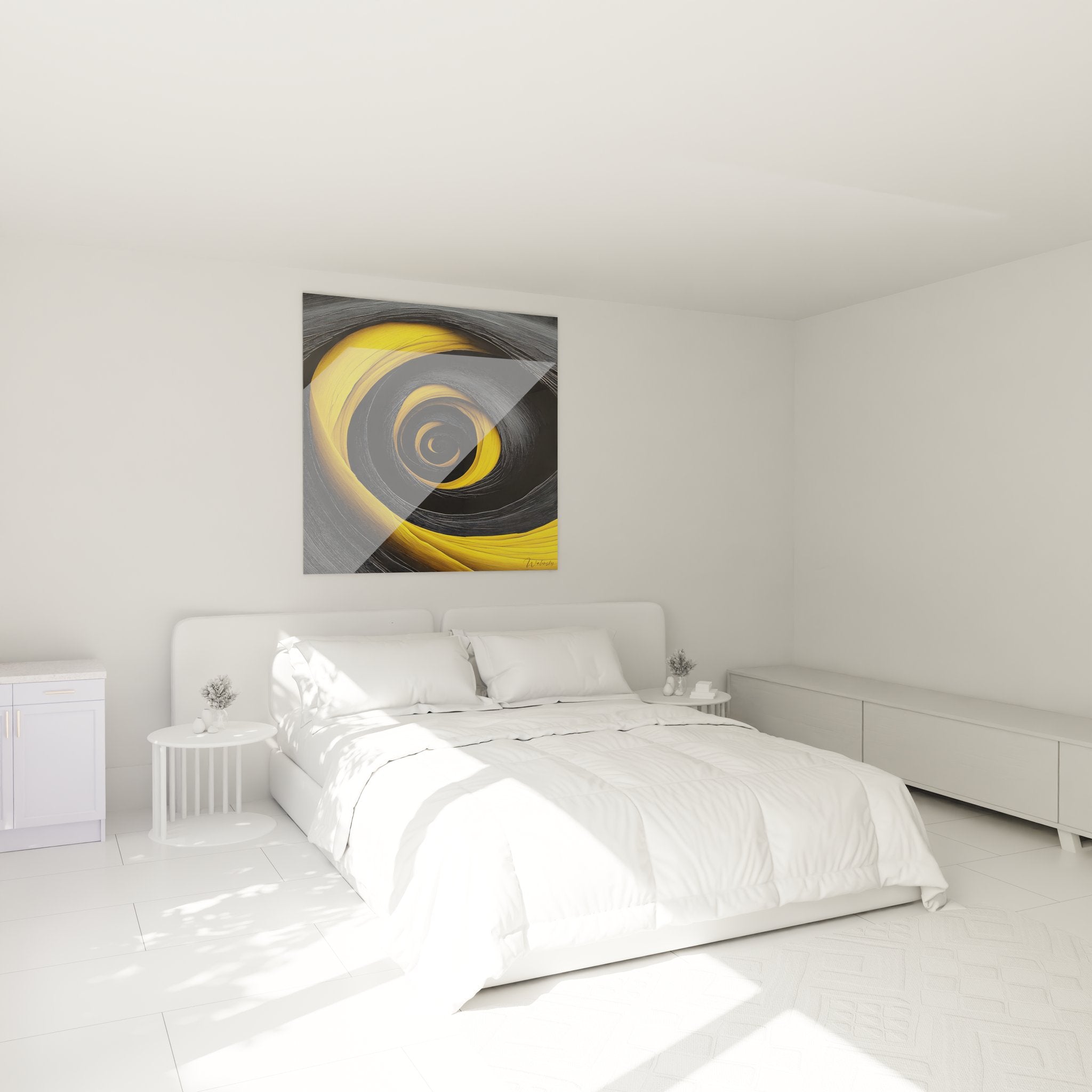 Ambiance chambre avec tableau spirale dorée abstraite, décoration murale moderne élégante