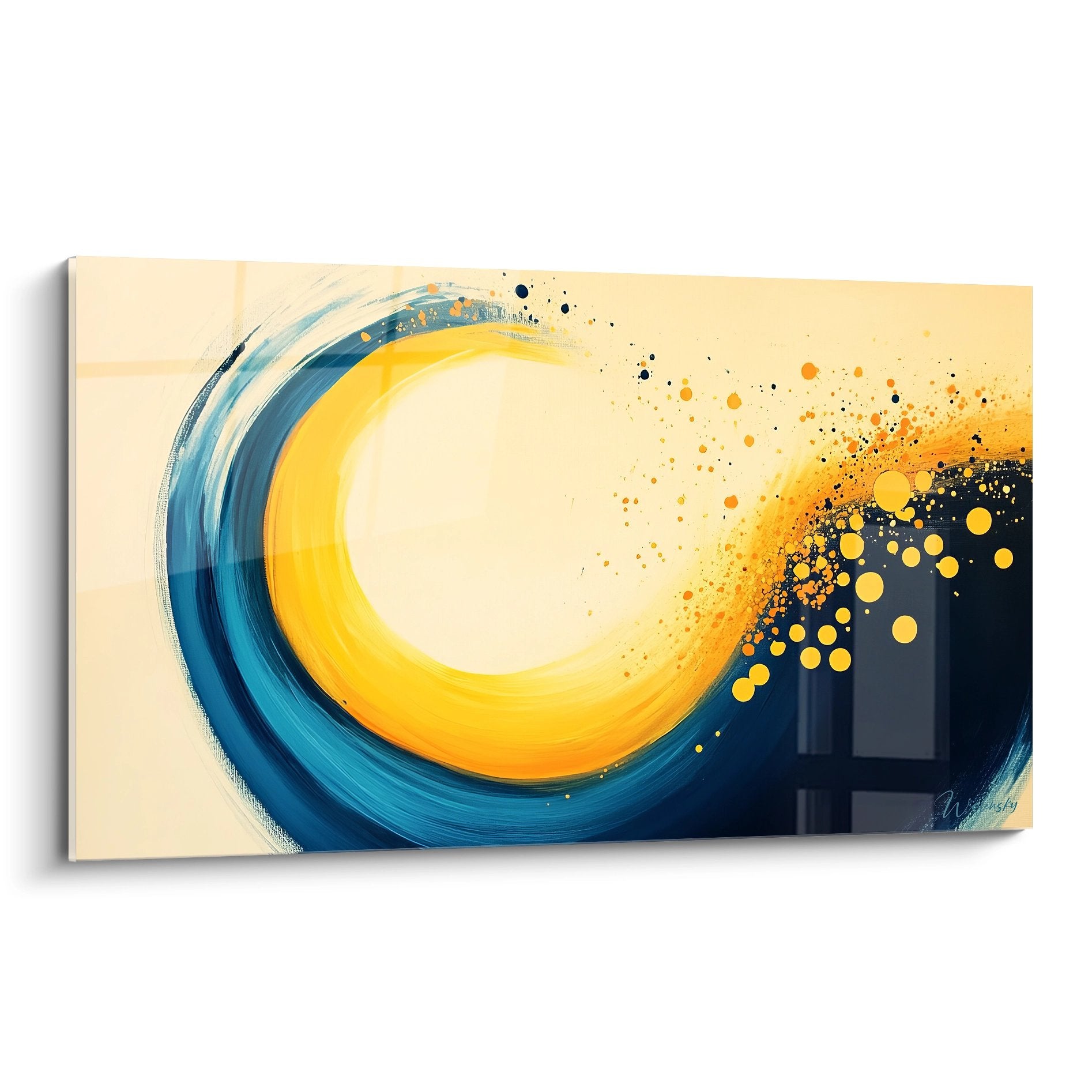 Tableau spirale abstraite dorée et bleue avec effets lumineux sur fond crème