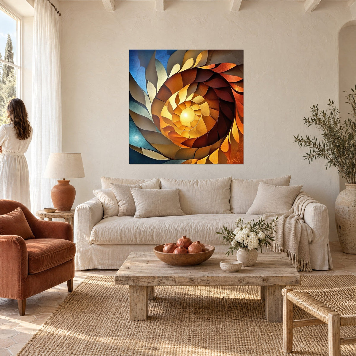Quadro con una spirale di petali dorati attorno a un sole luminoso, blu e arancio, sopra un divano in un soggiorno luminoso