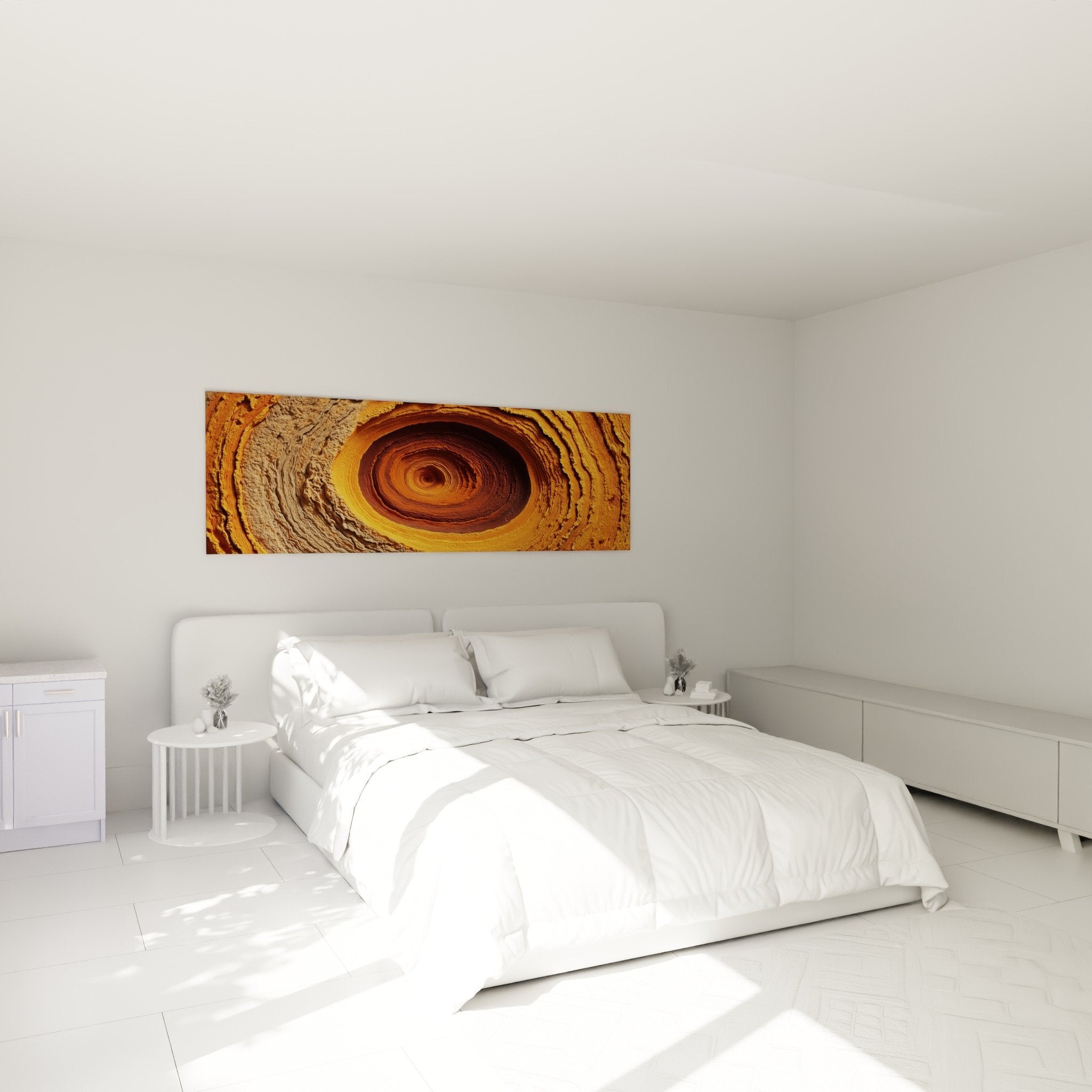 Tableau spirale dorée ocre et cuivre dans chambre moderne - Décoration murale Feng shui Nord-Est Terre