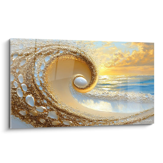 Quadro murale spirale dorata oceano con onda astratta dorata al tramonto effetto 3D moderno
