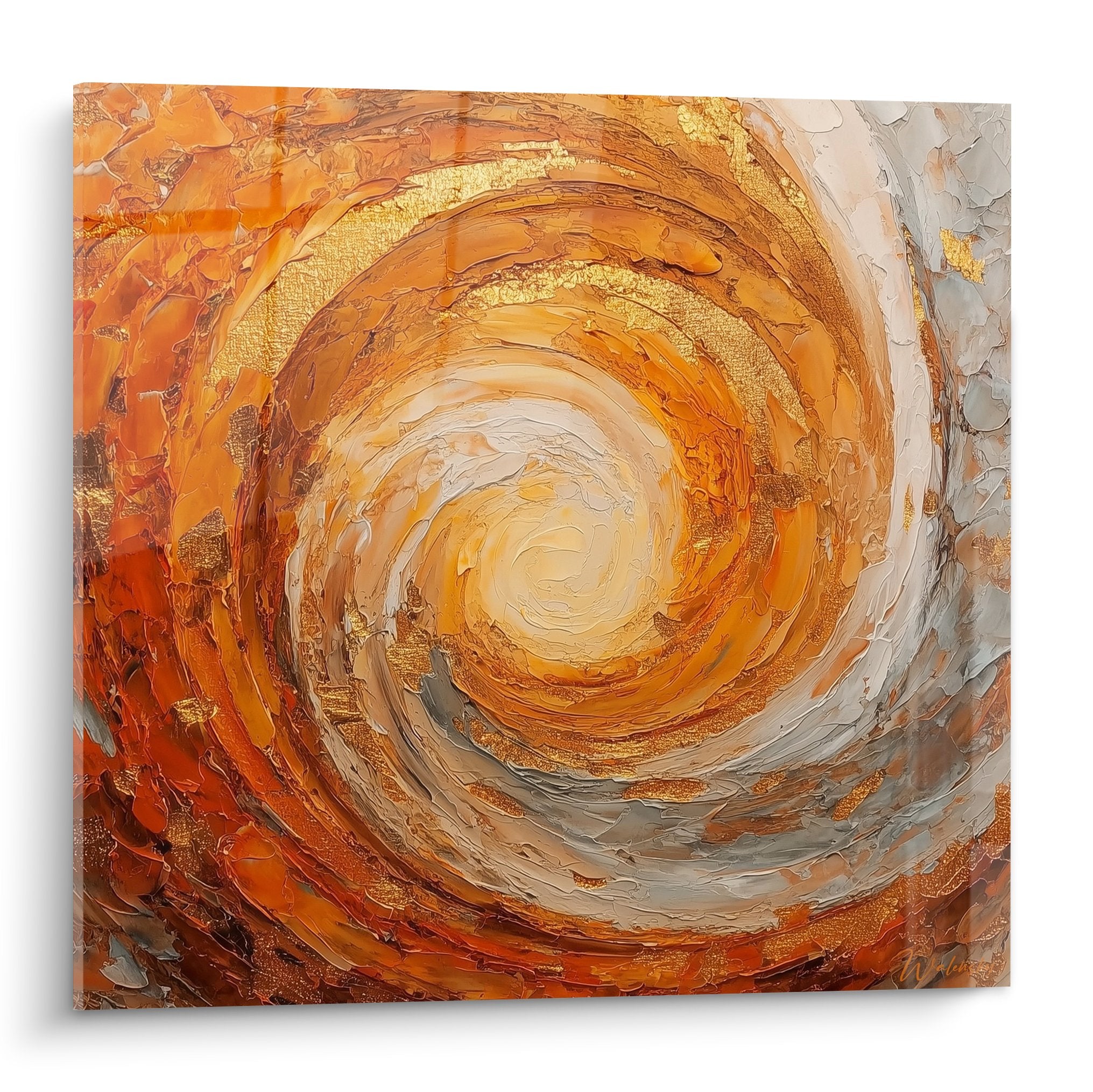 Gemälde konzentrische orange-goldene Spirale dicke Textur Feng Shui Süden Feuer kreisförmige Bewegung