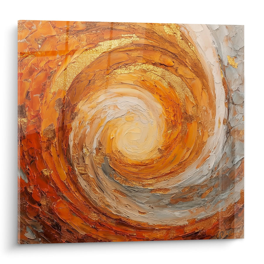 Tableau spirale dorée orangé avec texture épaisse - Tourbillon de feu - Edition Feng shui Sud Feu