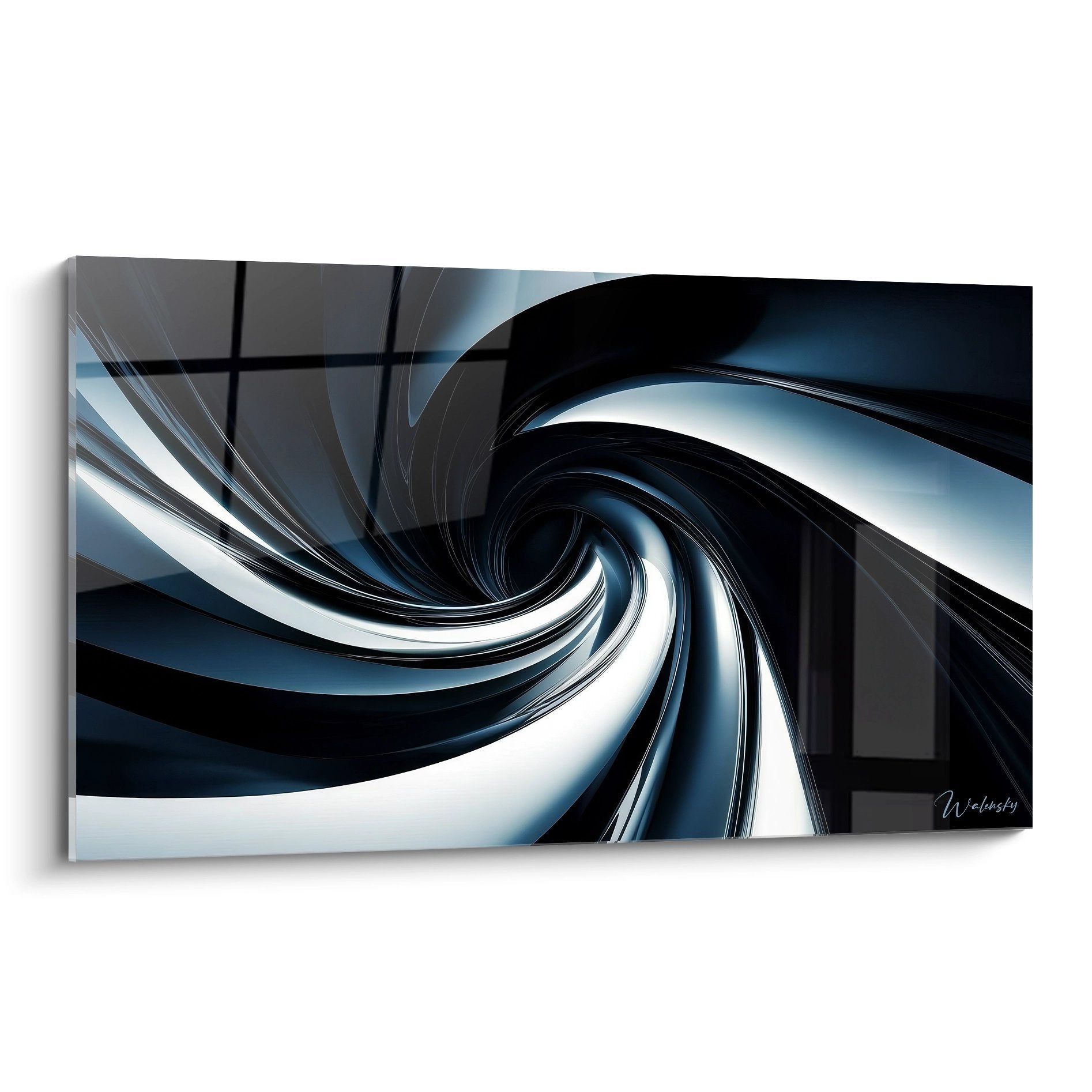 Tableau mural spirale dynamique bleue et noire avec effets métalliques pour décoration moderne