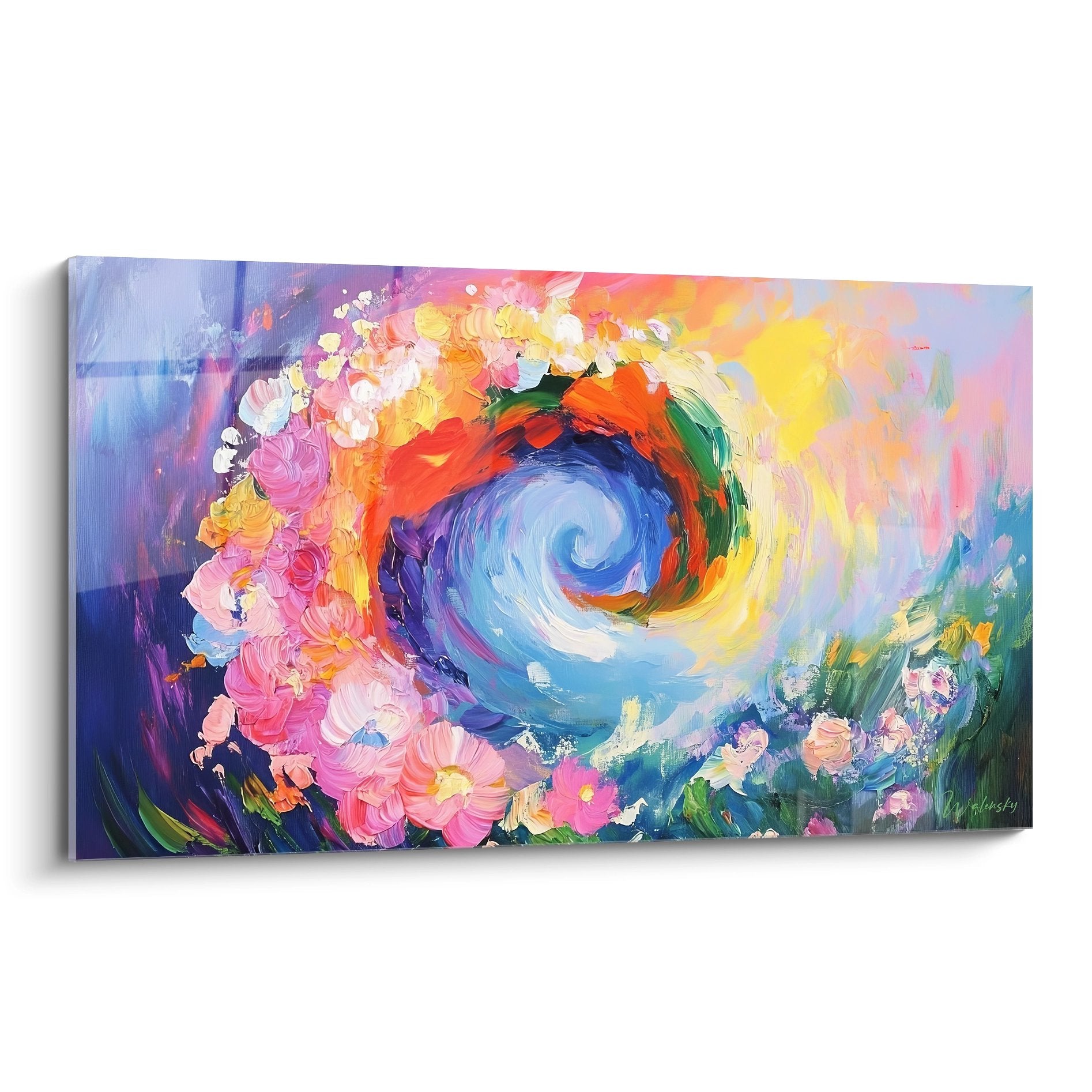 Tableau mural spirale florale abstraite aux couleurs vives avec fleurs roses et tourbillon cosmique bleu