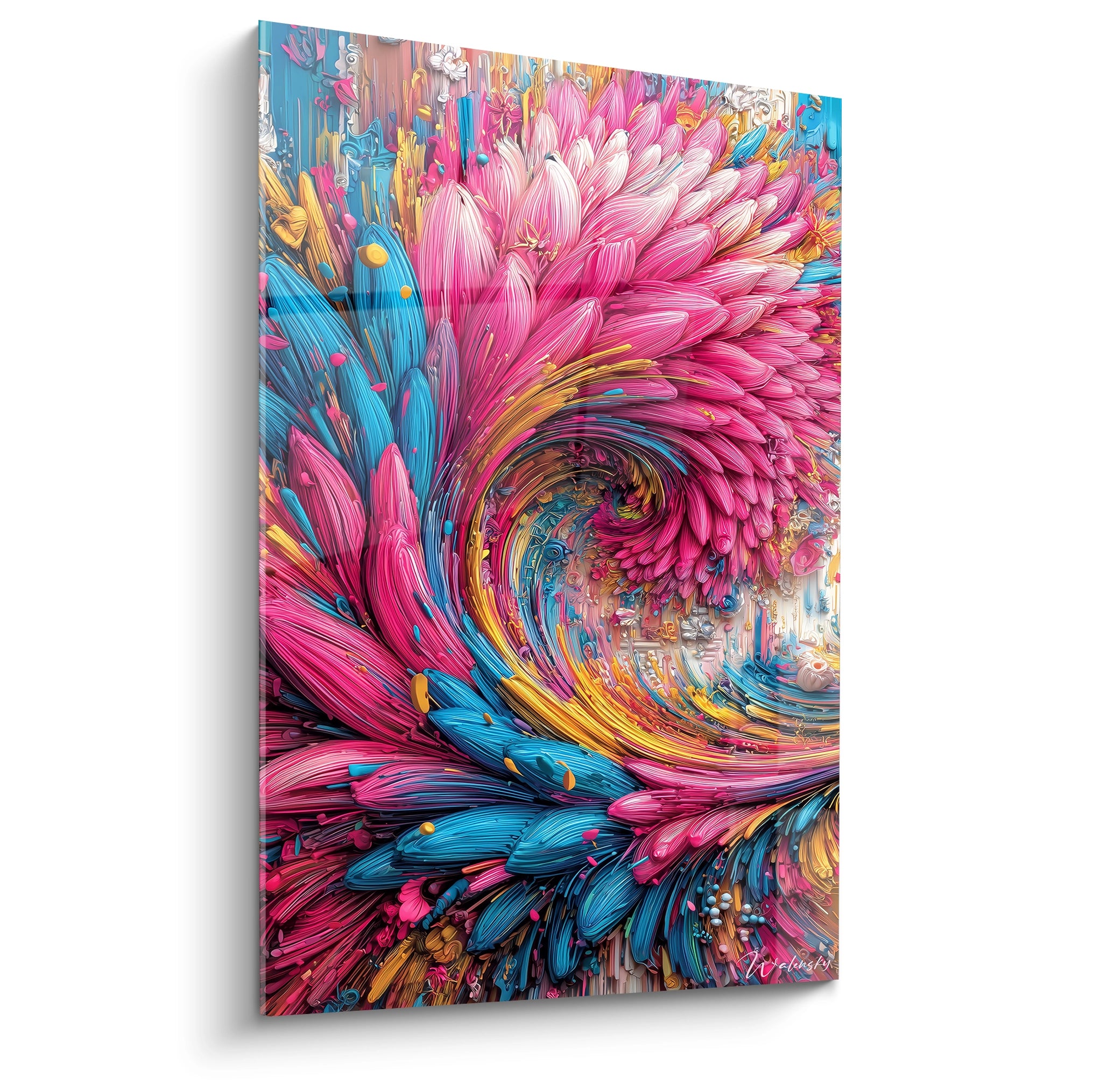 Tableau spirale florale abstraite aux couleurs vives rose bleu orange - art moderne décoratif