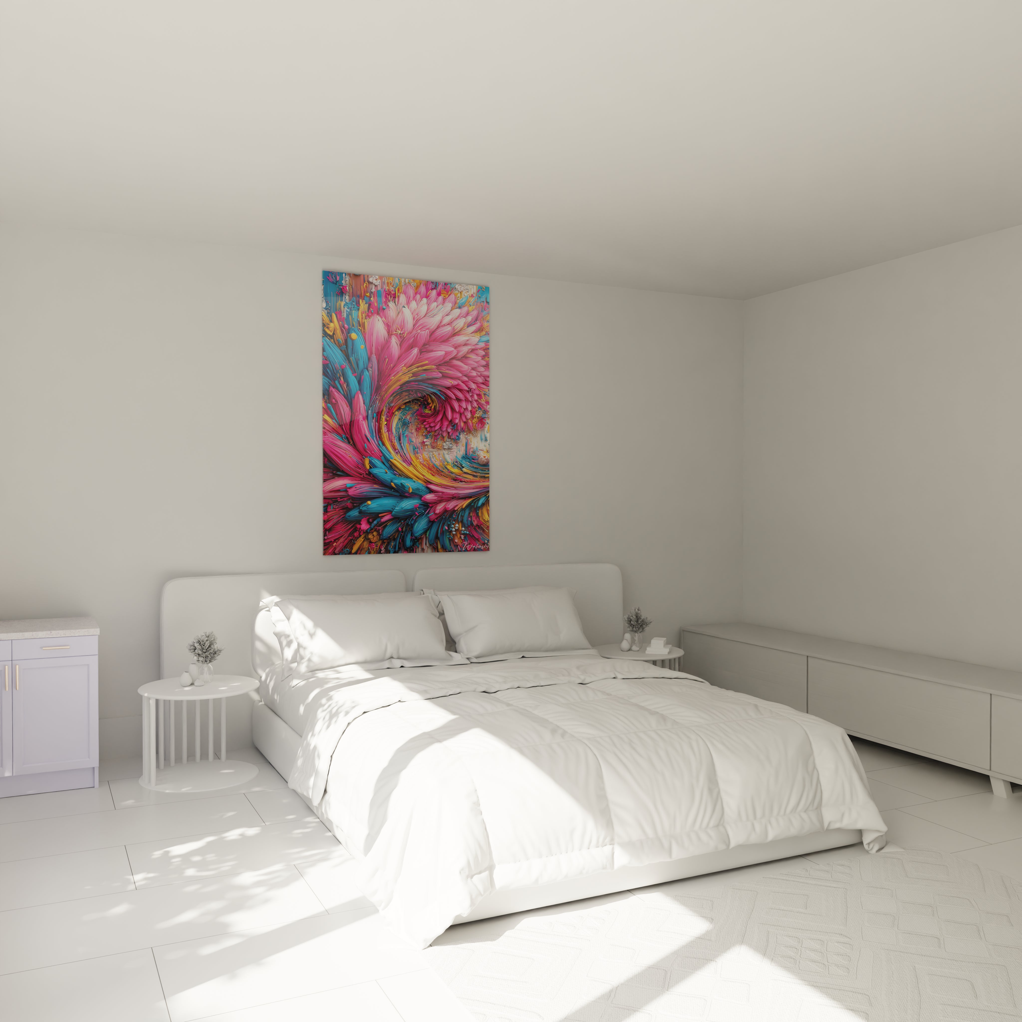 Ambiance chambre avec tableau spirale florale abstraite coloré - décoration murale moderne