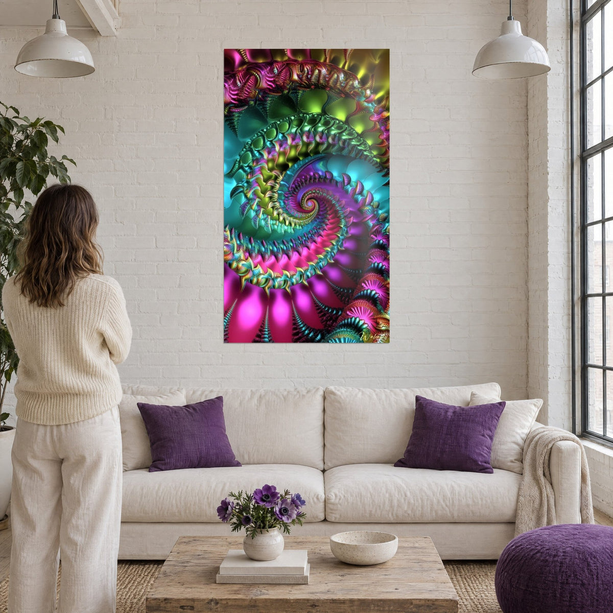 Gemälde mit fraktaler Spirale in Türkis und Magenta, Schuppenmuster, über einem Sofa in einem hellen Wohnzimmer