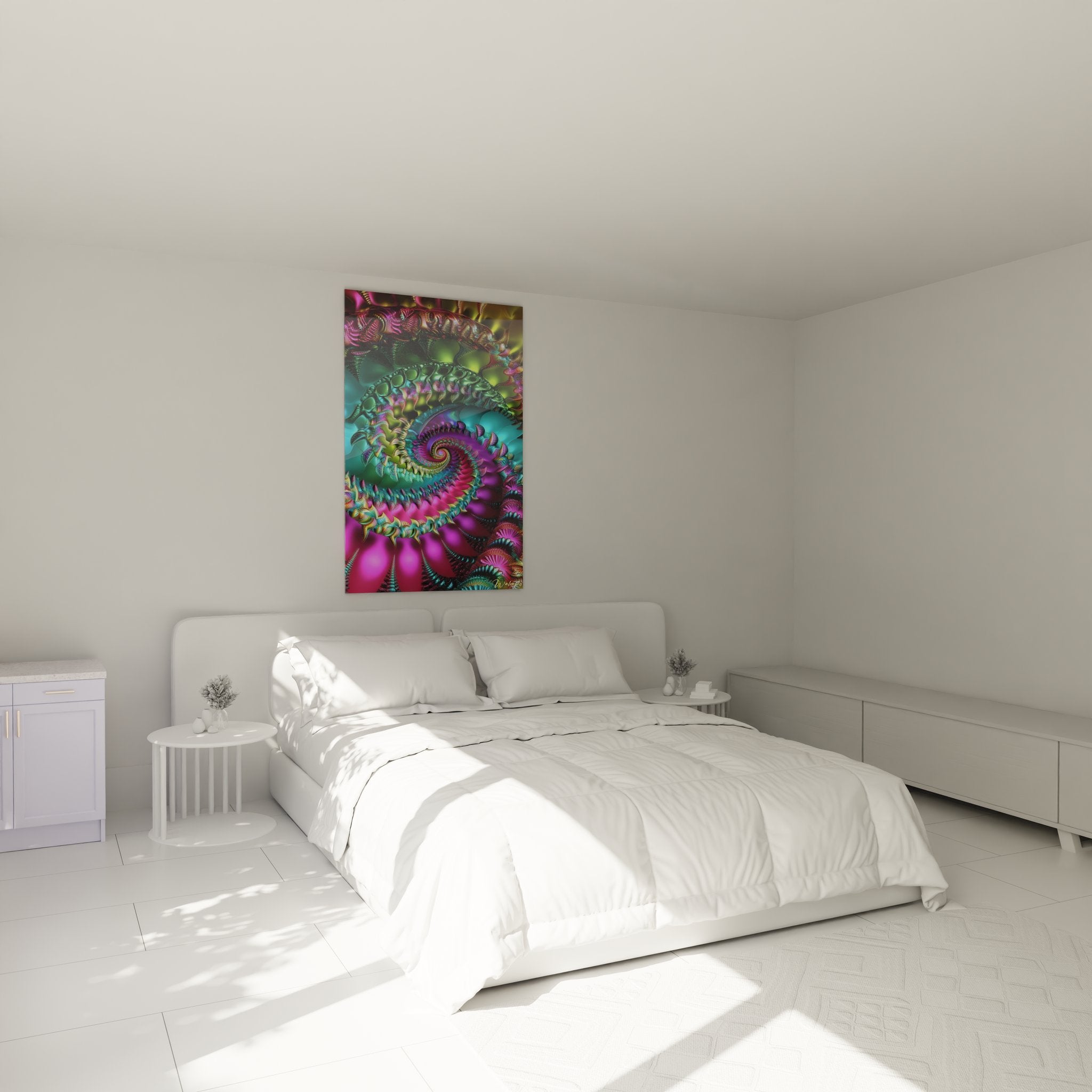 Tableau spirale fractale colorée installé dans chambre moderne ambiance décorative contemporaine apaisante