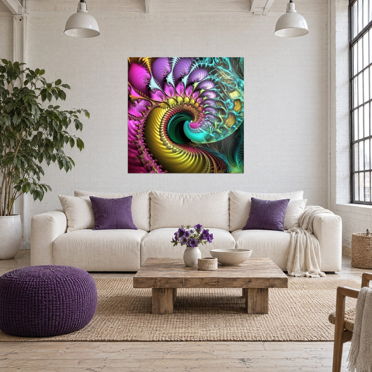 Tableau spirale fractale violet et jaune doré, cœur turquoise, dentelle d'écume cyan, au-dessus d'un canapé dans un salon lumineux