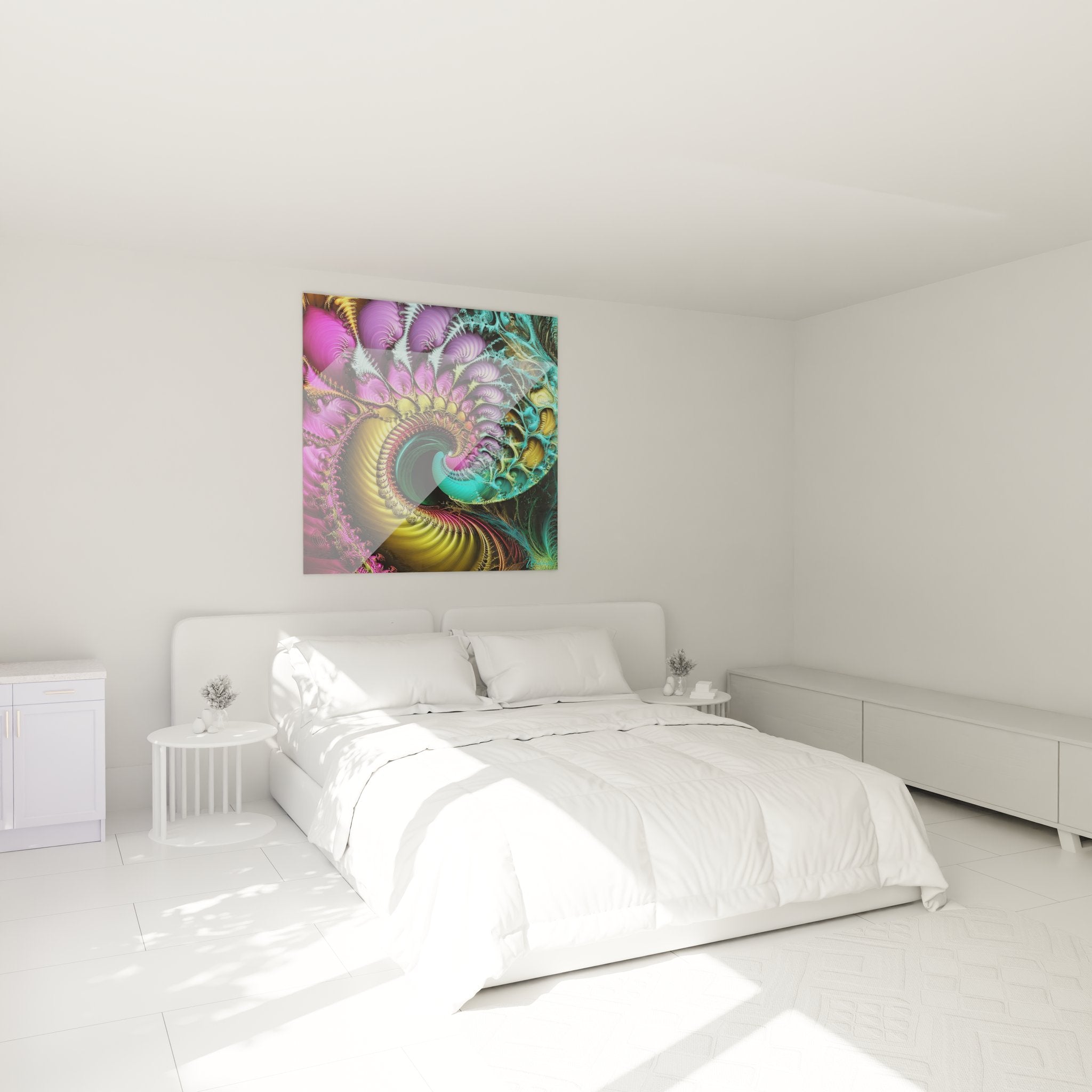 Tableau mural spirale fractale dans chambre moderne avec décoration contemporaine