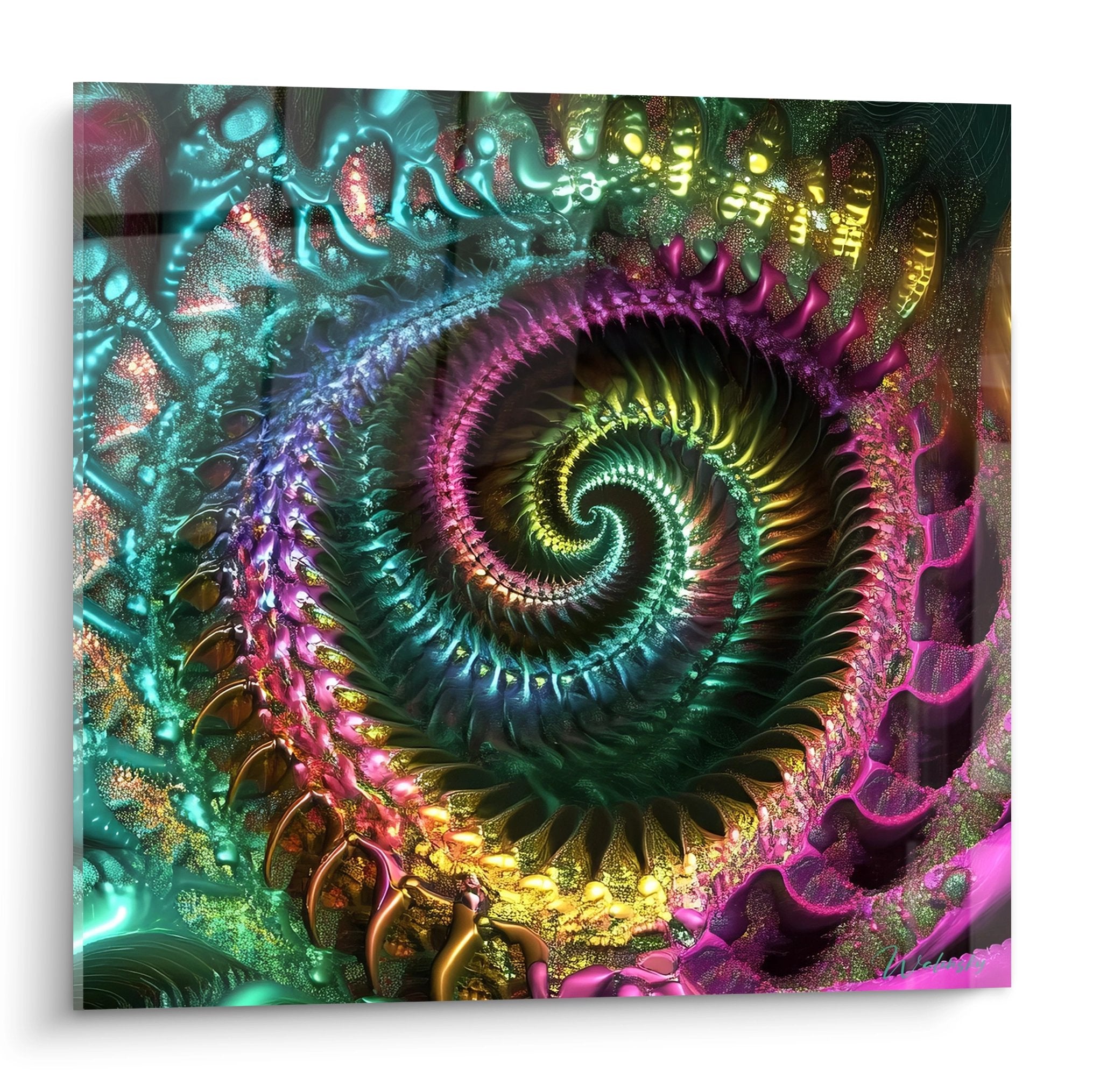 Tableau mural spirale fractale multicolore turquoise violet or art abstrait moderne décoration