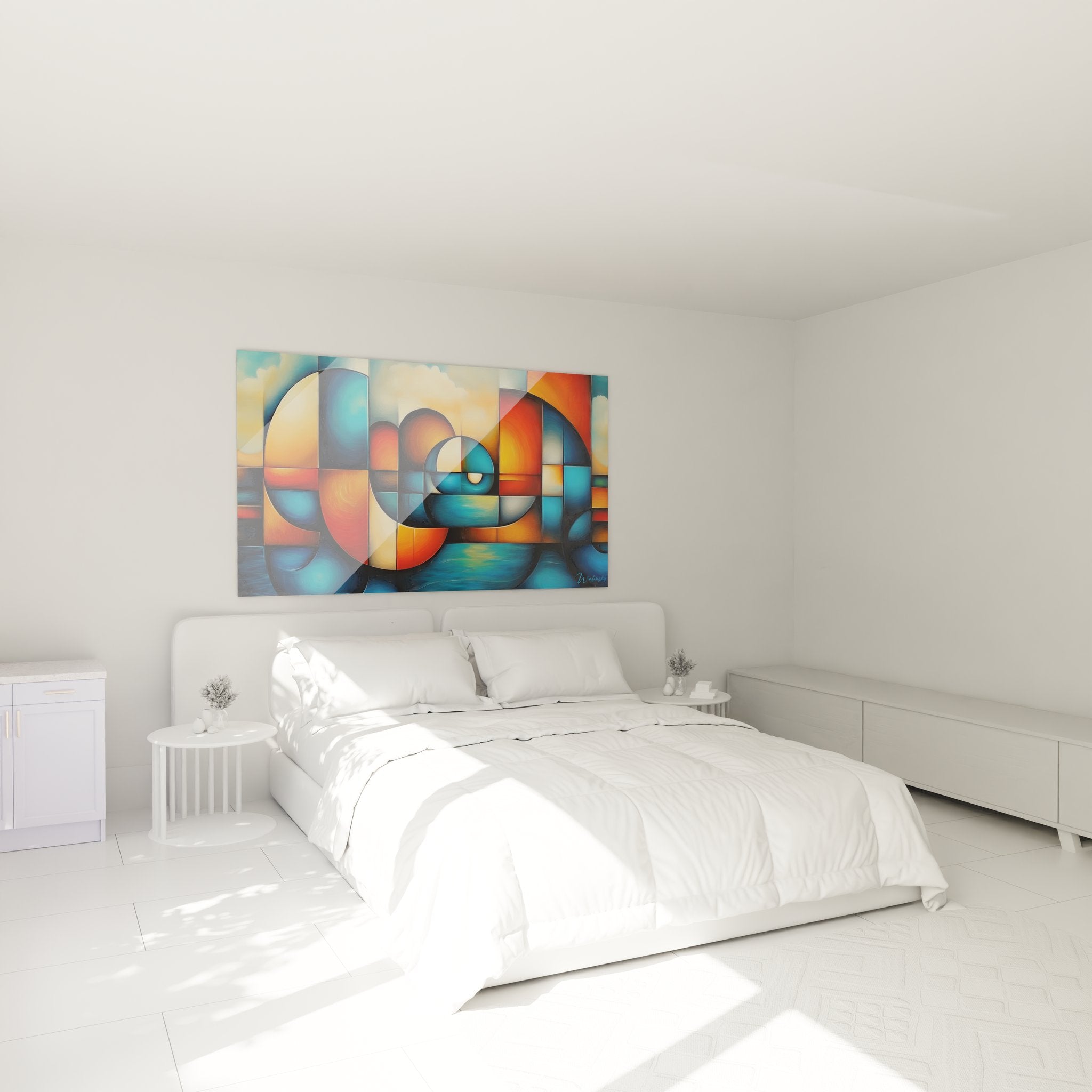 Ambiance chambre avec tableau spirale géométrique dorée, décoration murale moderne et élégante