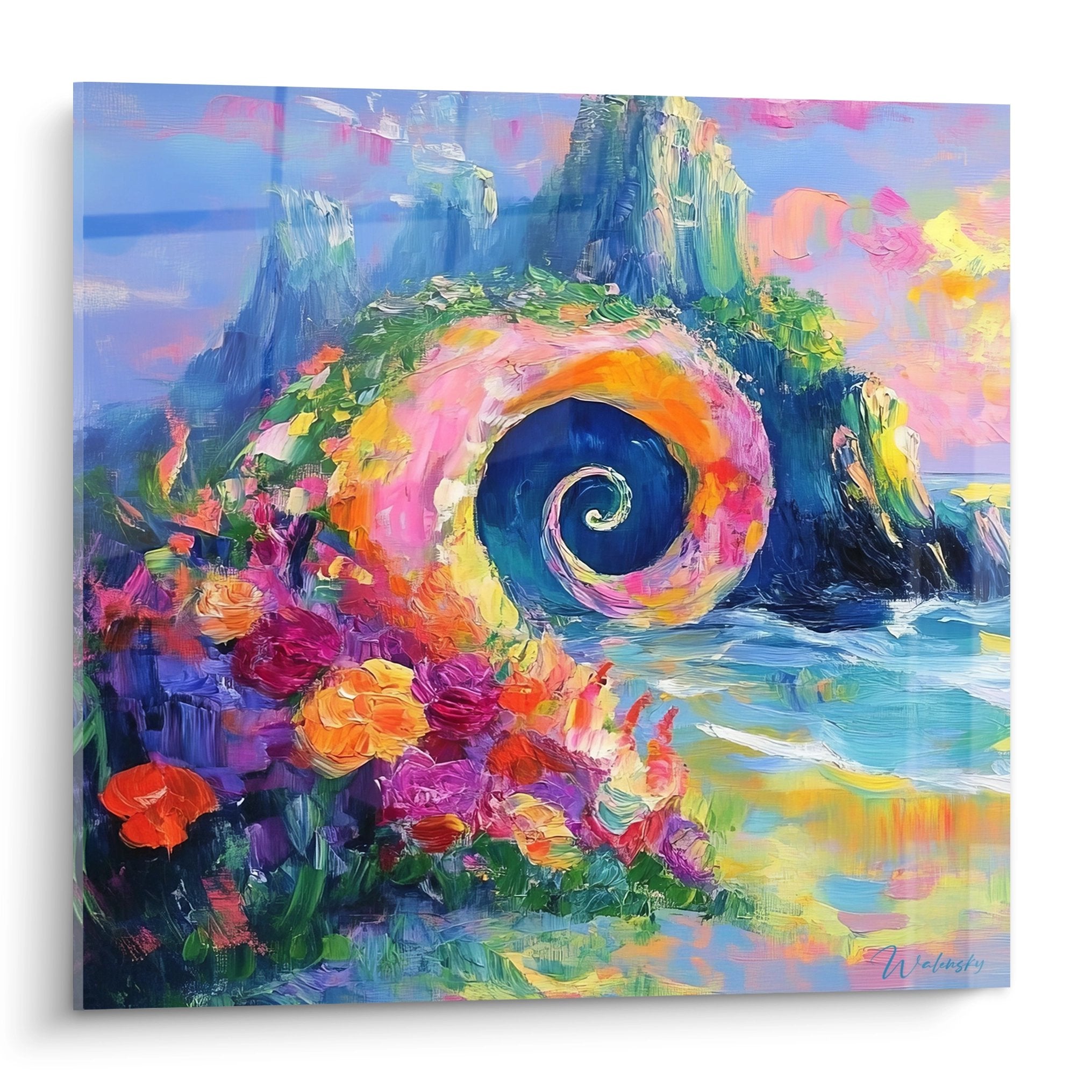 Tableau spirale marine colorée avec vague abstraite aux tons roses oranges bleus sur paysage côtier fantastique