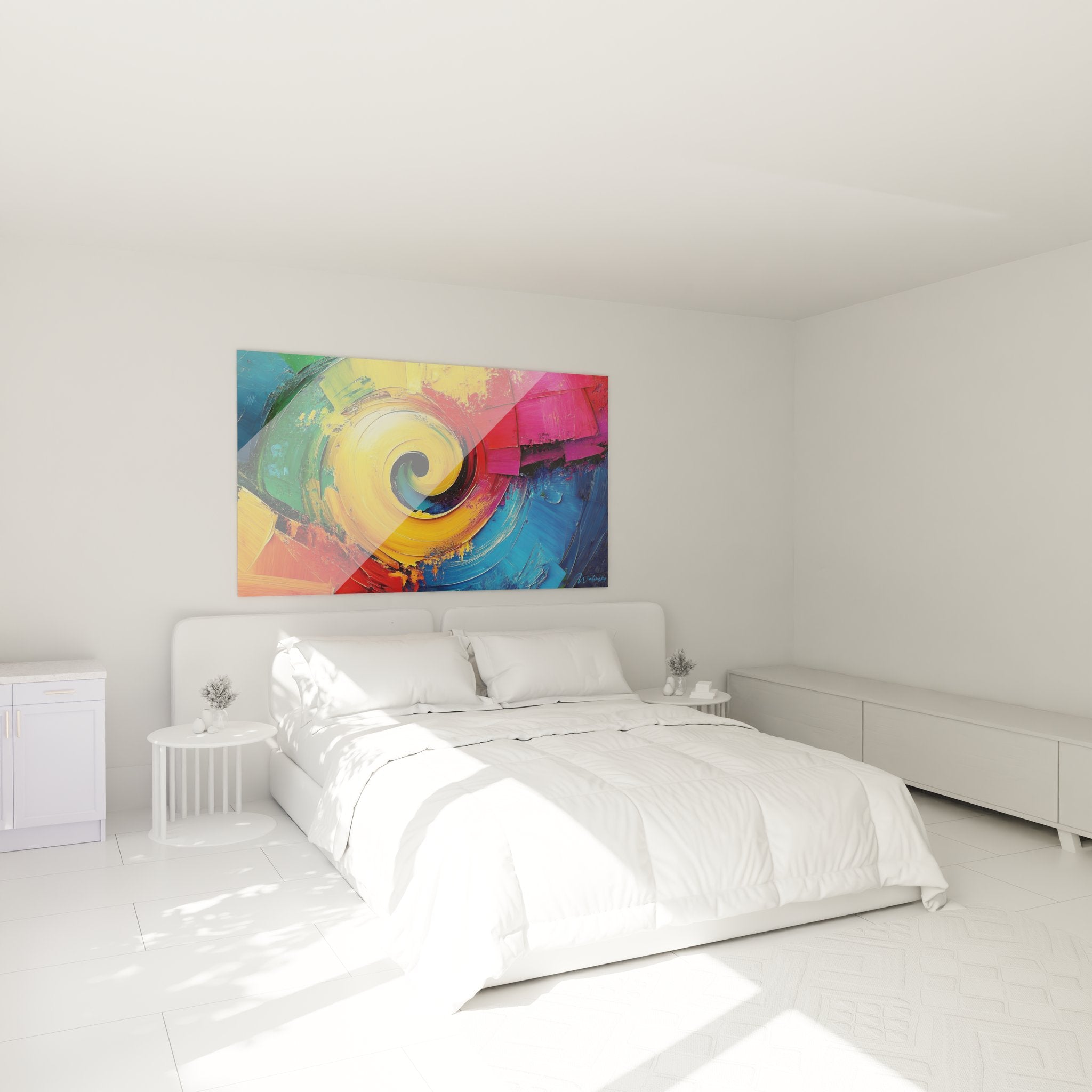 Tableau spirale multicolore dans ambiance chambre moderne avec décoration murale abstraite élégante