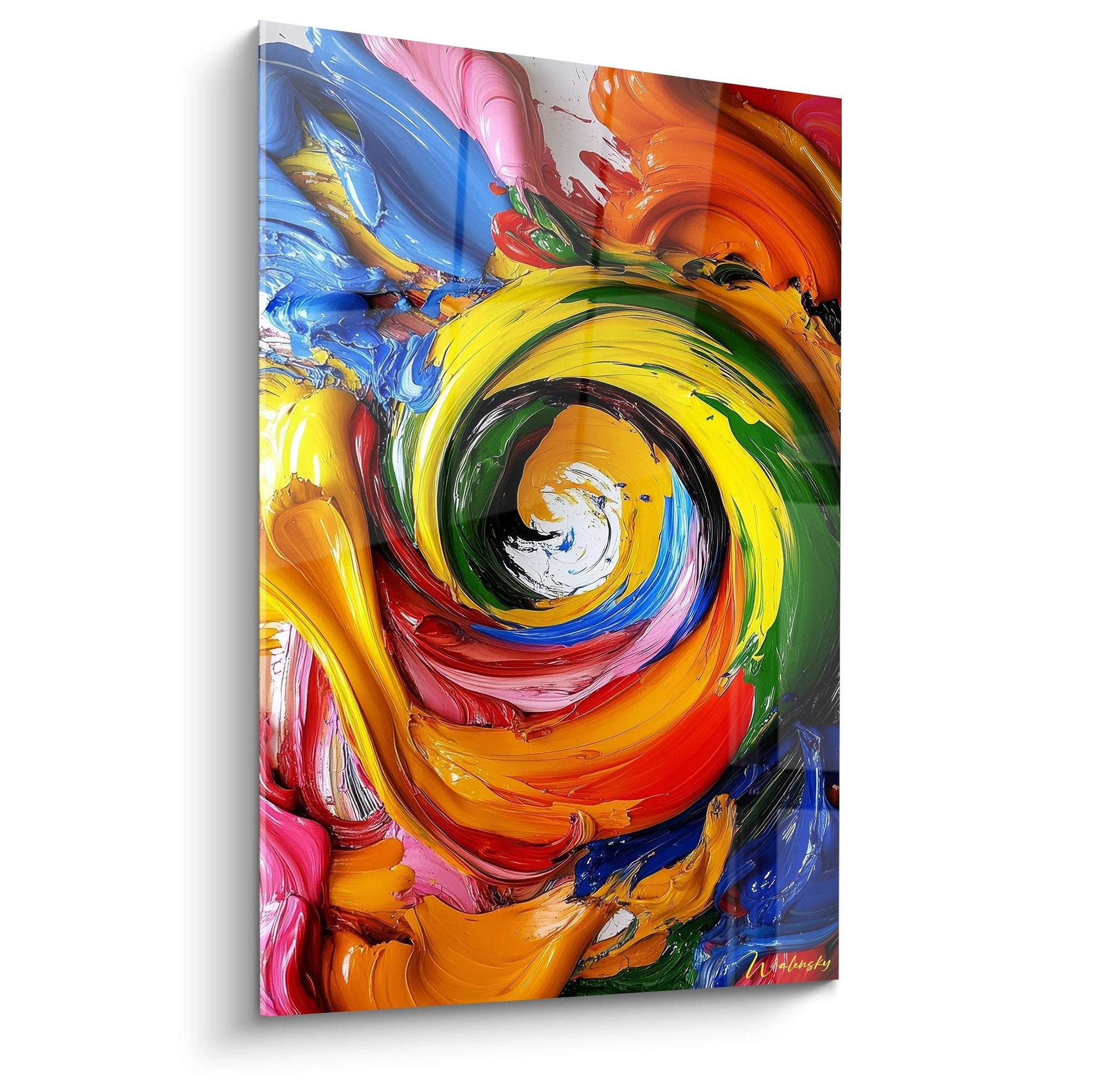 Tableau spirale multicolore abstraite avec tourbillon de couleurs vives bleu orange jaune rouge vert