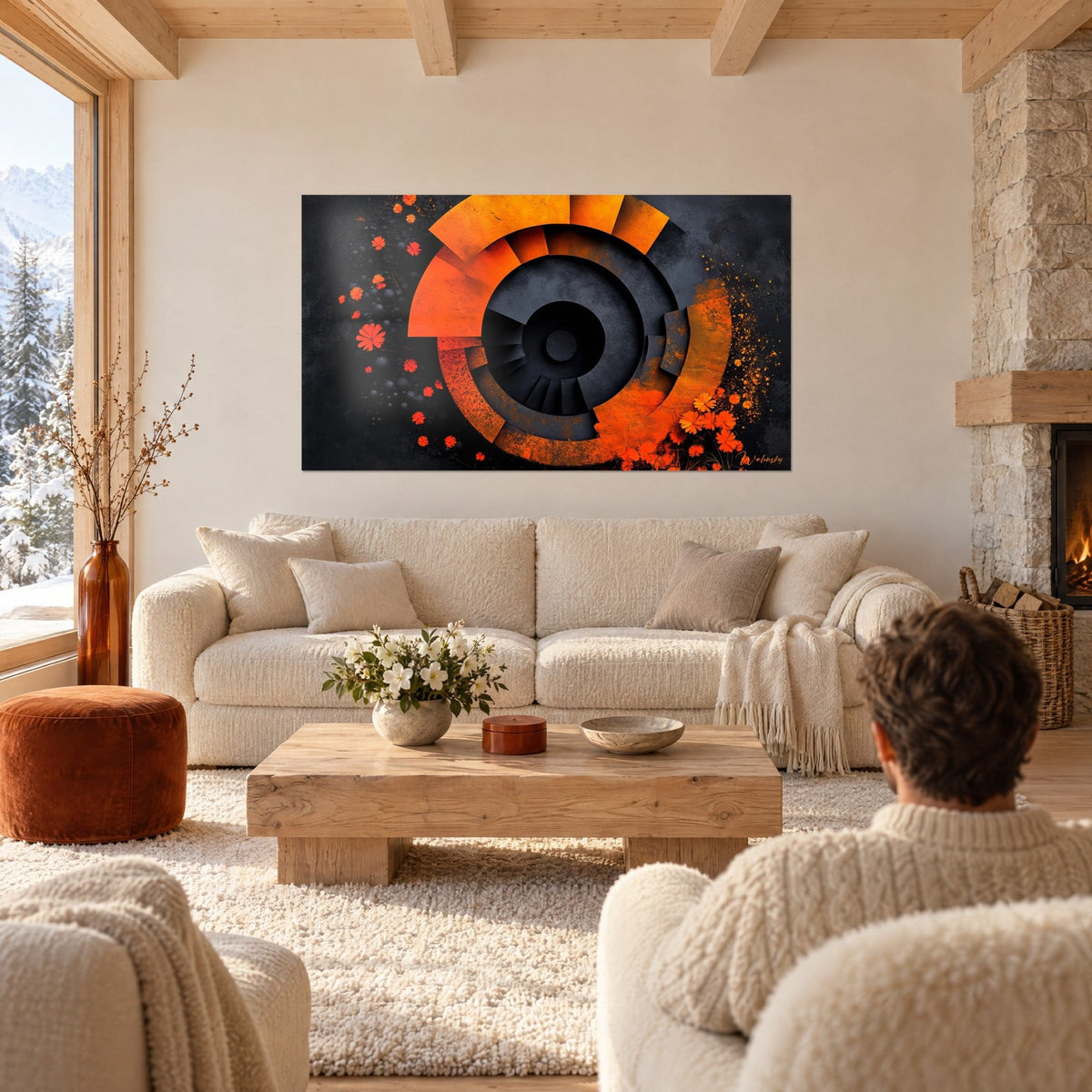 Schilderij met concentrische spiraal in oranje en zwart, reliëfsegmenten, verspreide bloemetjes, boven een bank in een lichte woonkamer