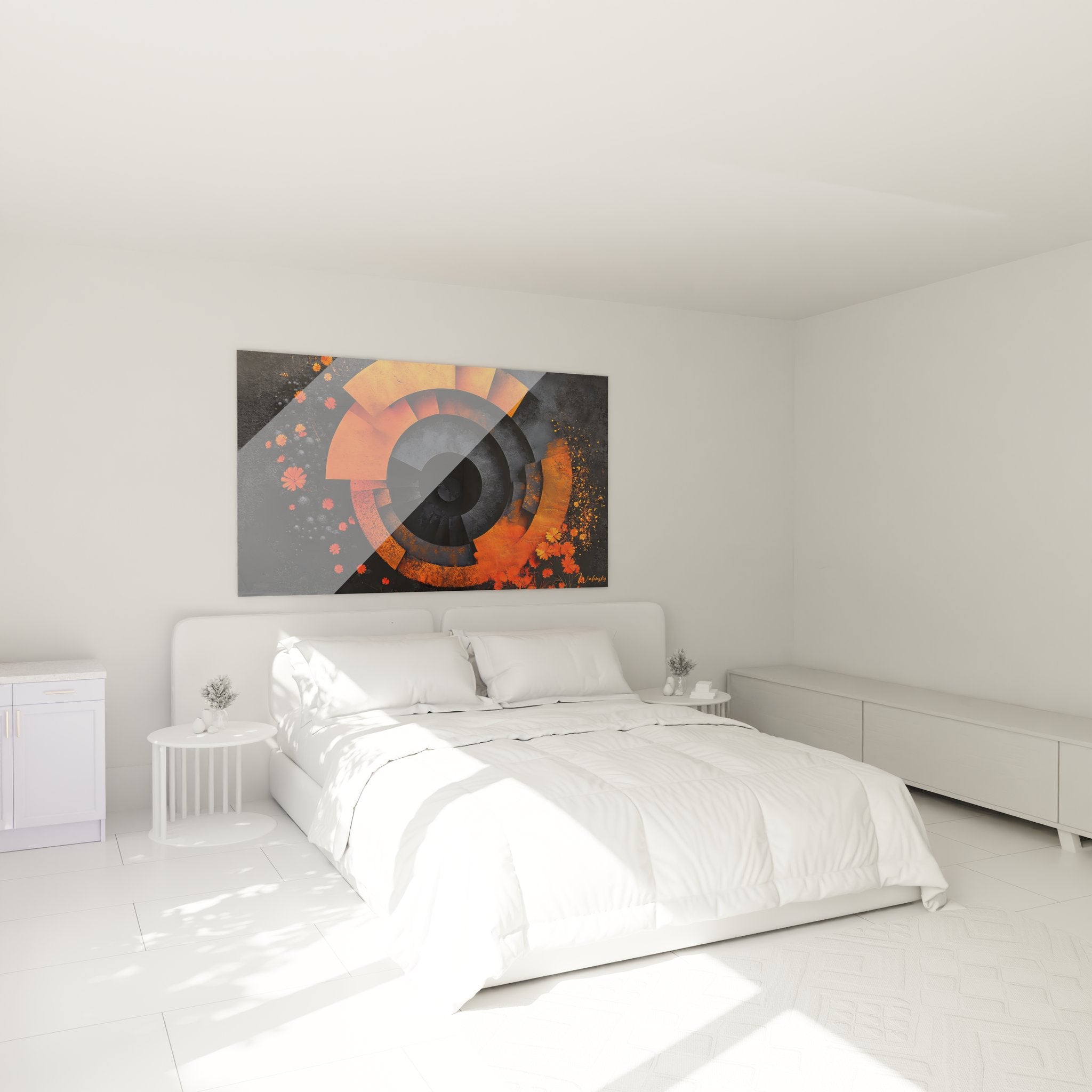 Ambiance chambre avec tableau spirale orange abstraite moderne accroché au mur au-dessus du lit