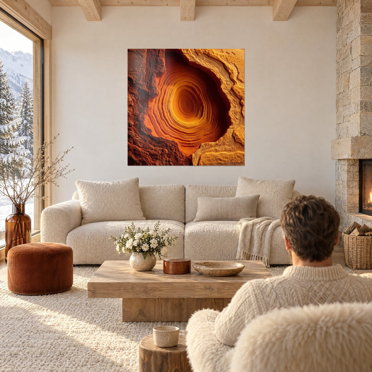 Quadro cavità rocciosa a spirale, arancio vivo e ocra dorata, con gli strati concentrici ammirati di spalle, sopra un divano in un soggiorno luminoso