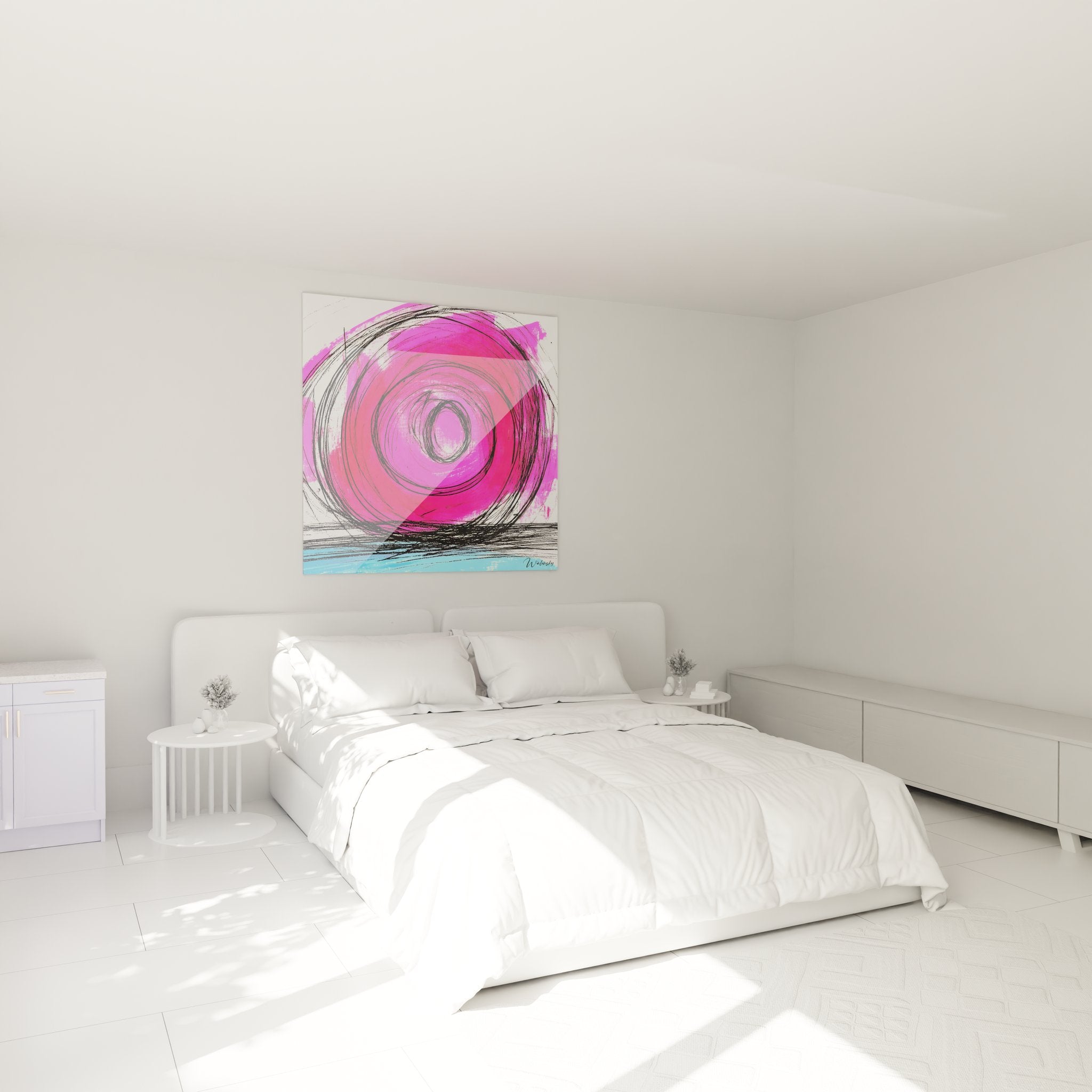 Tableau spirale rose en décoration chambre - art mural dessin contemporain ambiance