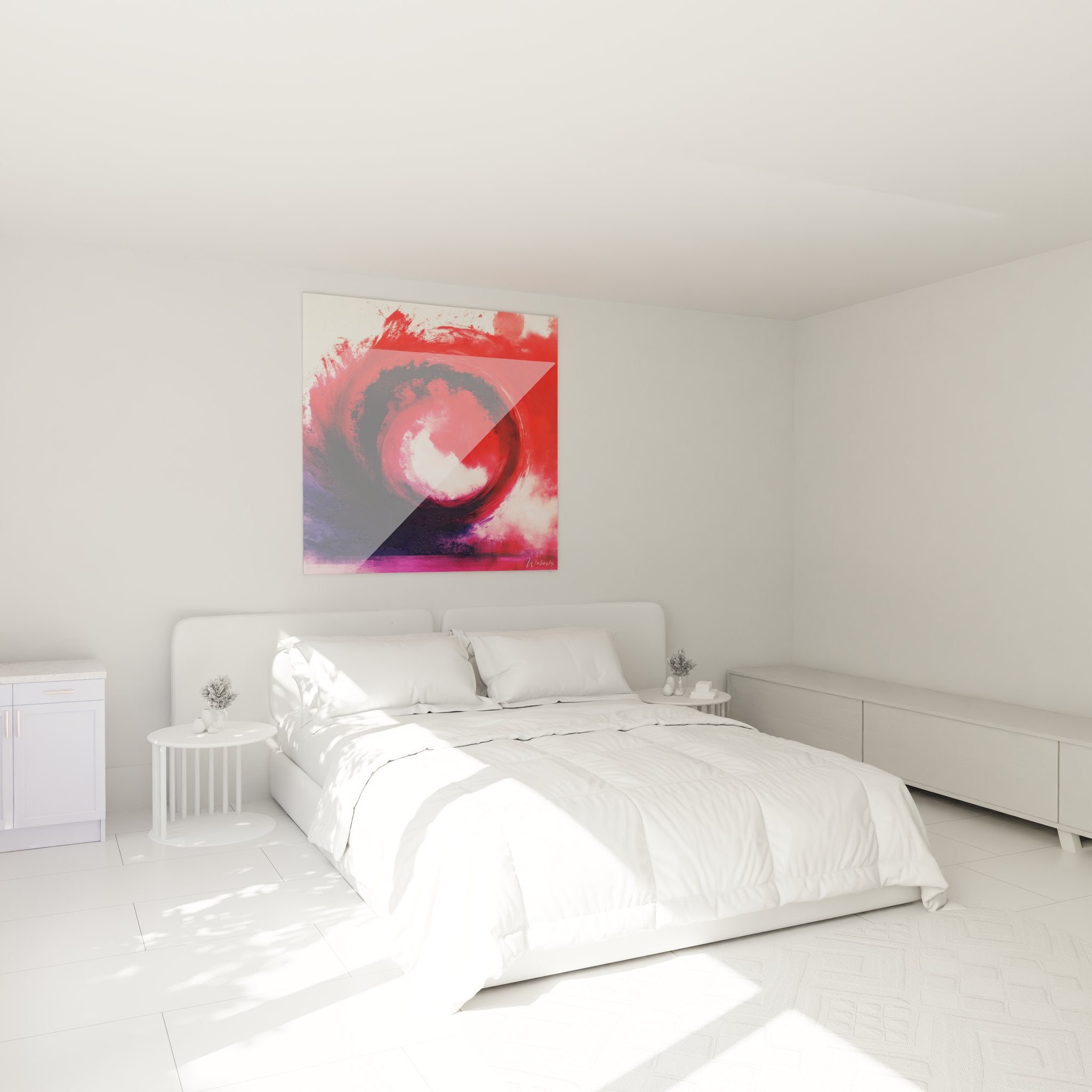 Ambiance chambre avec tableau mural spirale rouge violet, décoration murale abstraite élégante