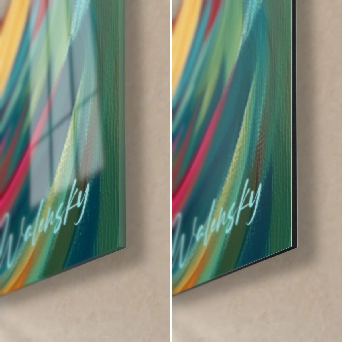 Gemälde mit Federschwüngen in Türkis und Grün, untere rechte Ecke: glänzendes Acrylglas mit Reflexionen, mattschwarzes Dibond, 3 mm Kante
