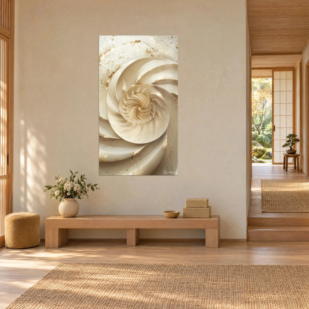 Wall art with an ivory relief nautilus shell, golden glitter and amber centre, three-quarter view in a japandi hallway