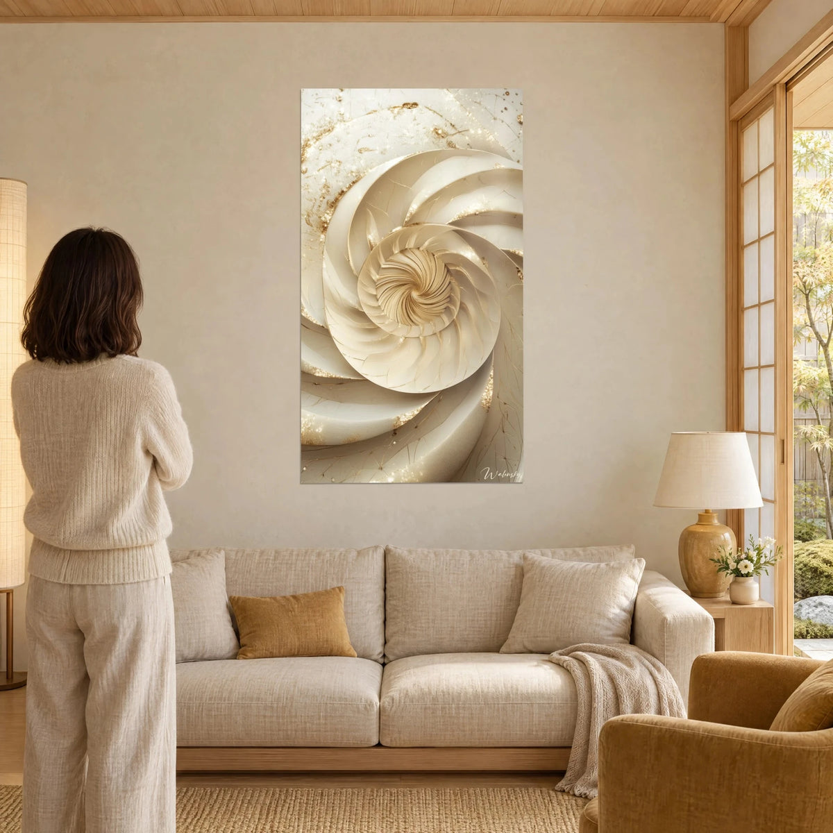 Wall art with a pearly cream spiral of ivory and pale gold scrolls, woman seen from behind in front, above a sofa in a bright living room