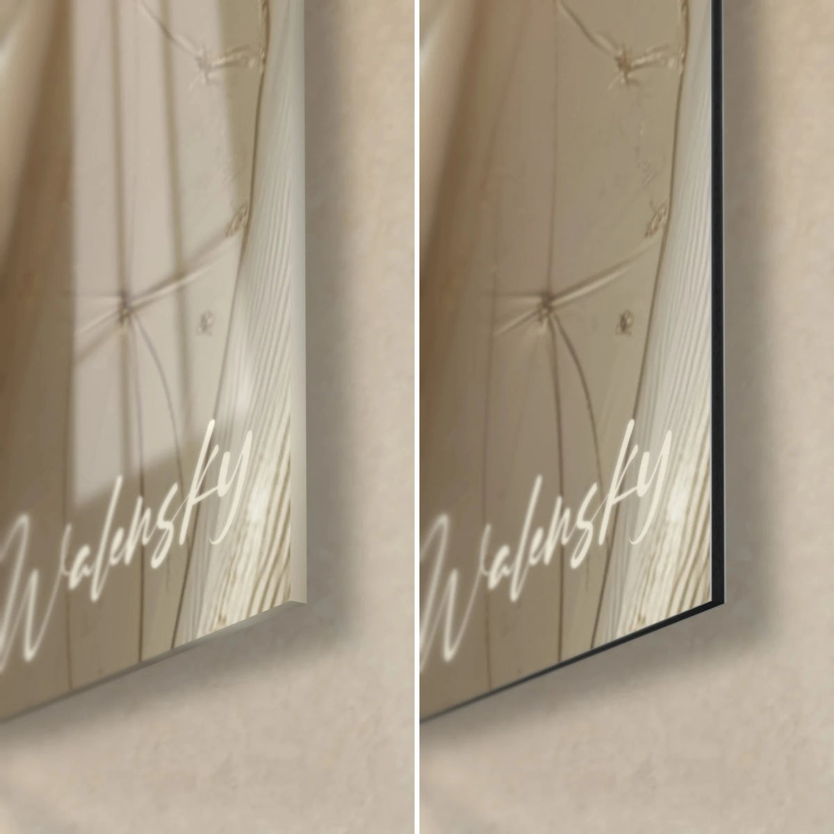 Wall art with a cream swirl veined with gold, glossy glass corner bottom right and matte Dibond aluminium, 3 mm edge visible