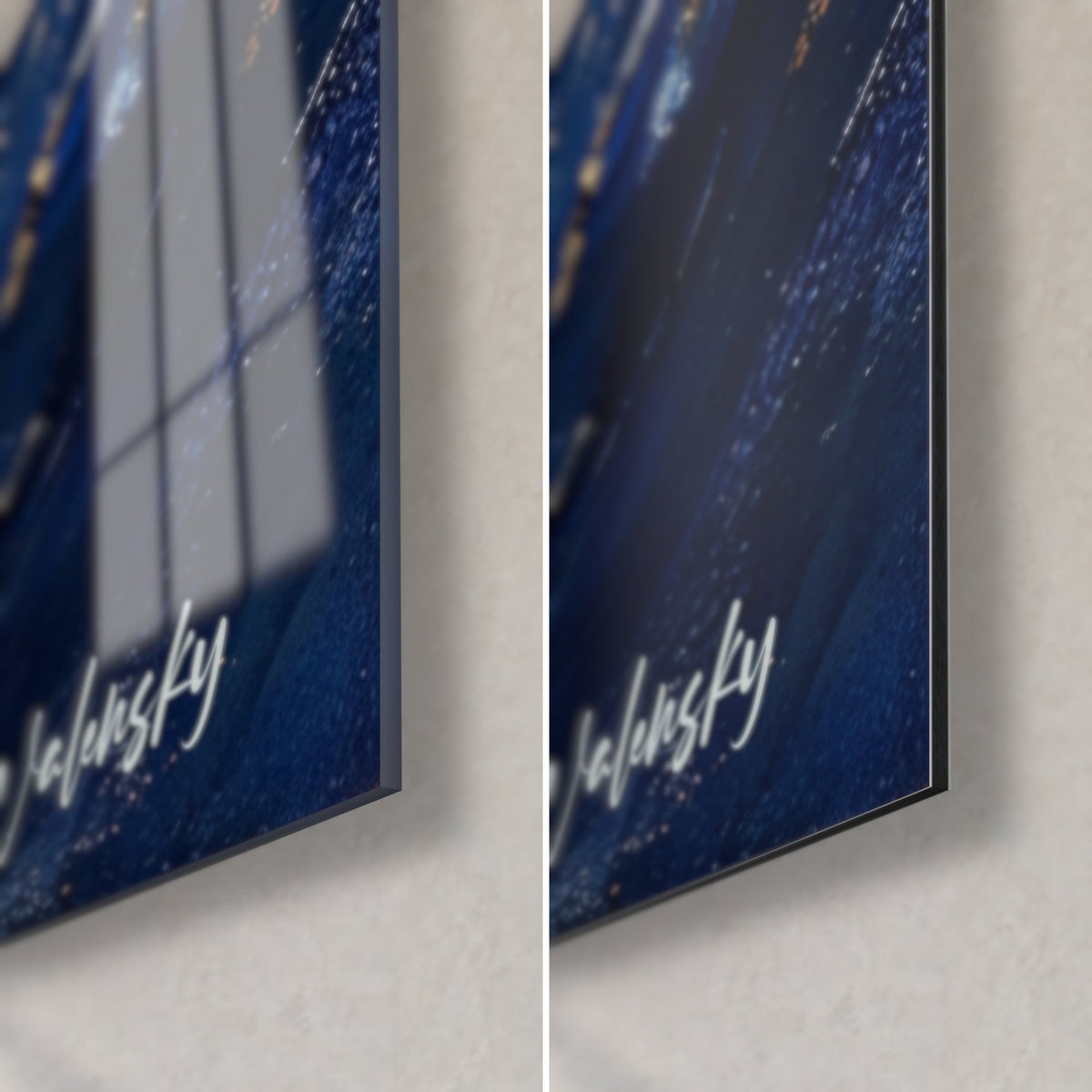 Tableau océan en furie, coin bas droit : verre acrylique brillant aux reflets à gauche, alu Dibond mat à droite, tranche de 3 mm