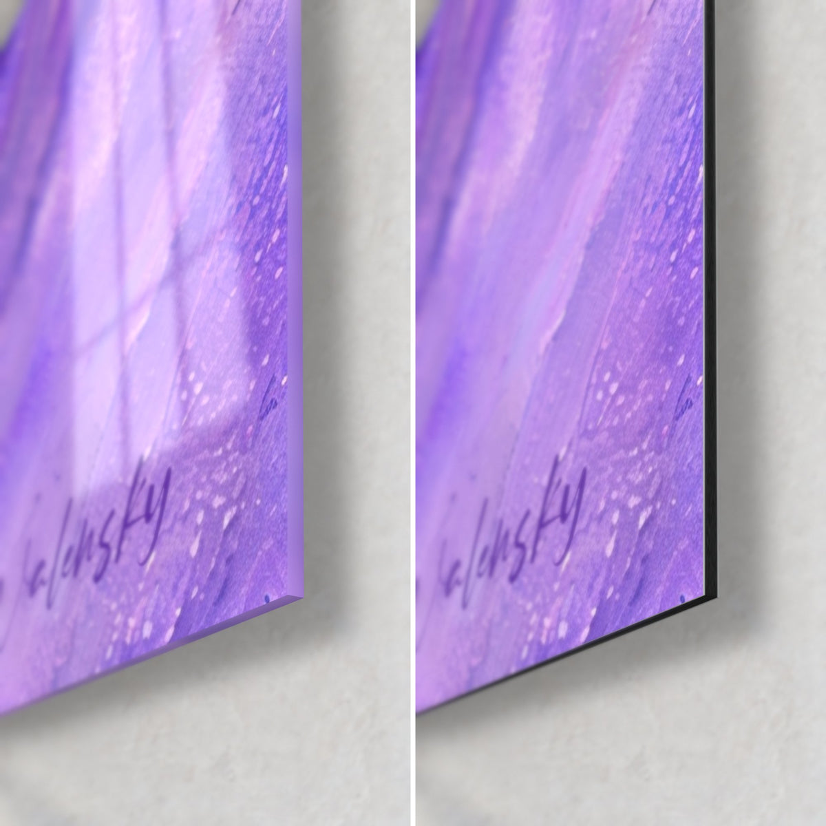 Tableau vortex violet, coin bas droit : verre acrylique brillant à reflets, alu Dibond mat noir, tranche de 3 mm