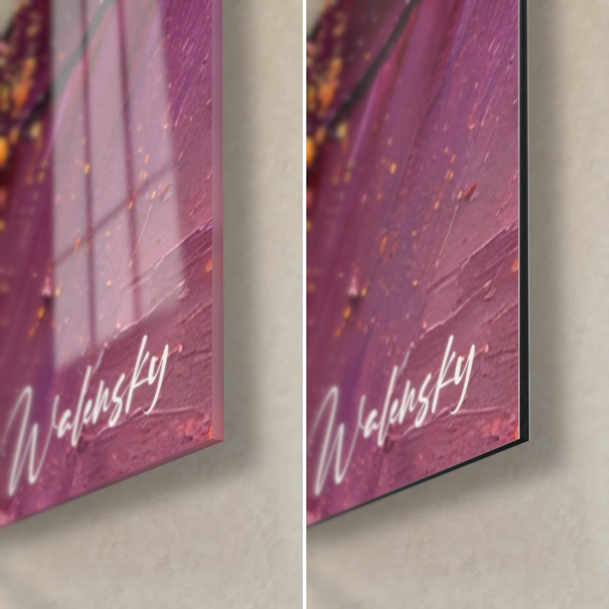 Tableau spirales empâtées rose et prune, coin bas droit : verre acrylique brillant à gauche, Dibond mat noir à droite