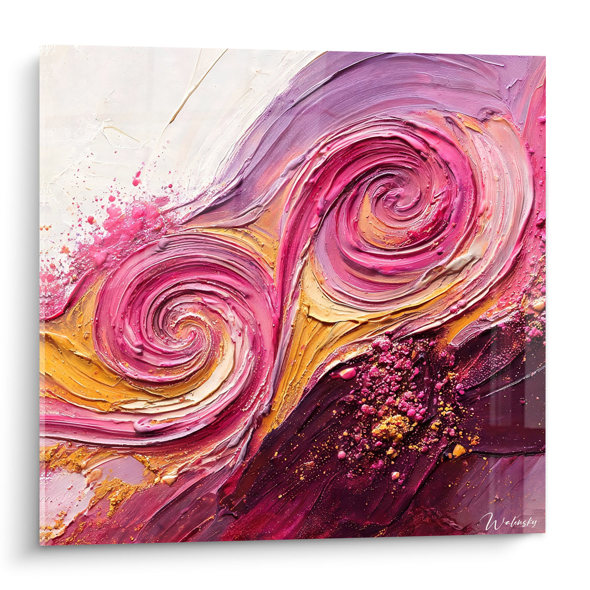 Tableau spirales abstraites rose fuchsia et dorées en plein cadre, texture épaisse et relief sculpté