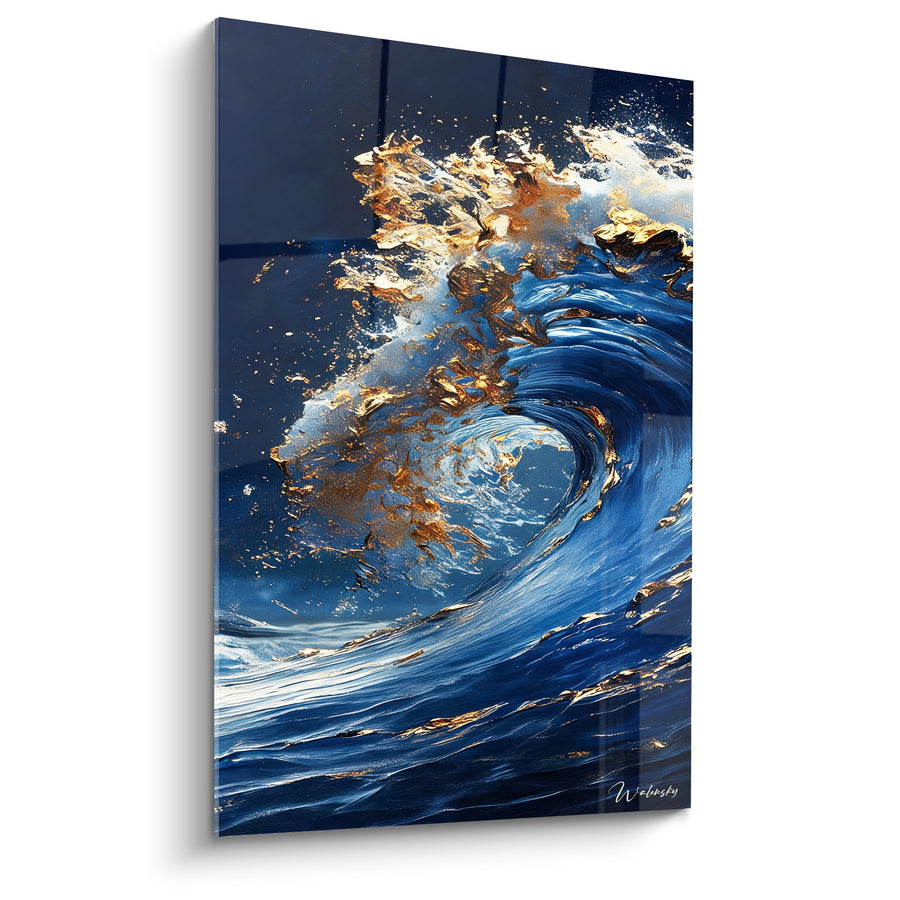 Tableau Vague bleue et dorée en plein déferlement - Crête écumante enroulée - Edition Spirales abstraites