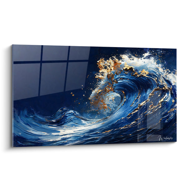 Tableau Vague bleu marine et dorée écumante - Fureur océanique - Edition Spirales abstraites